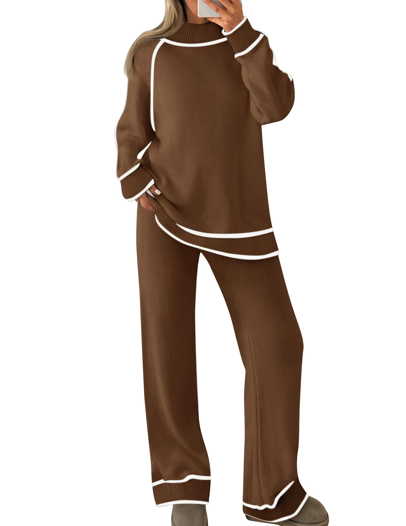 ZESICA Women's Long Sleeve Turtleneck Sweater Set with Wide Leg Pants