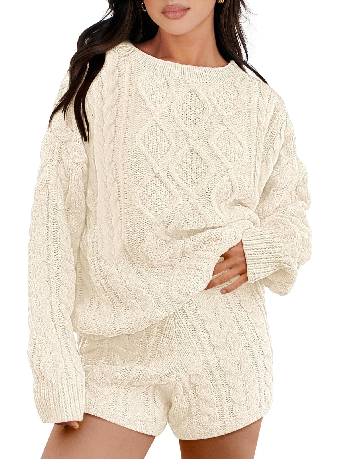 ANRABESS Women Spring Cable Knit Oversized Sweater & Matching Short Pants Sets