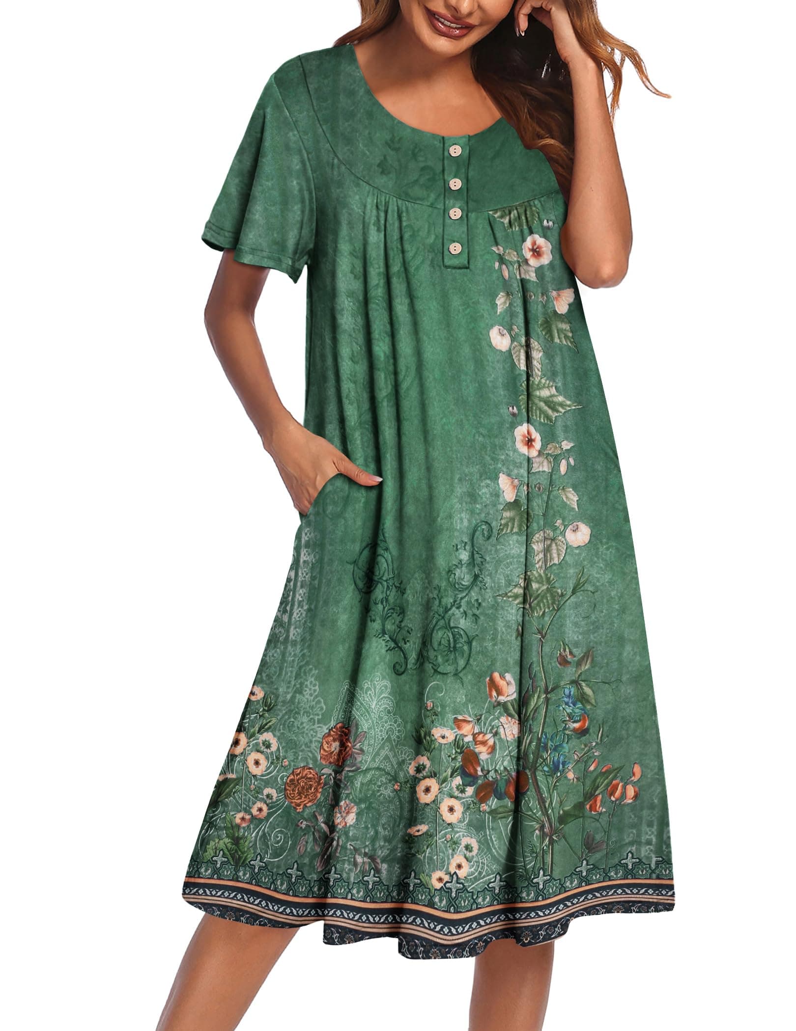 Ekouaer Women's Short Sleeve Nightgown with Pockets Floral Print