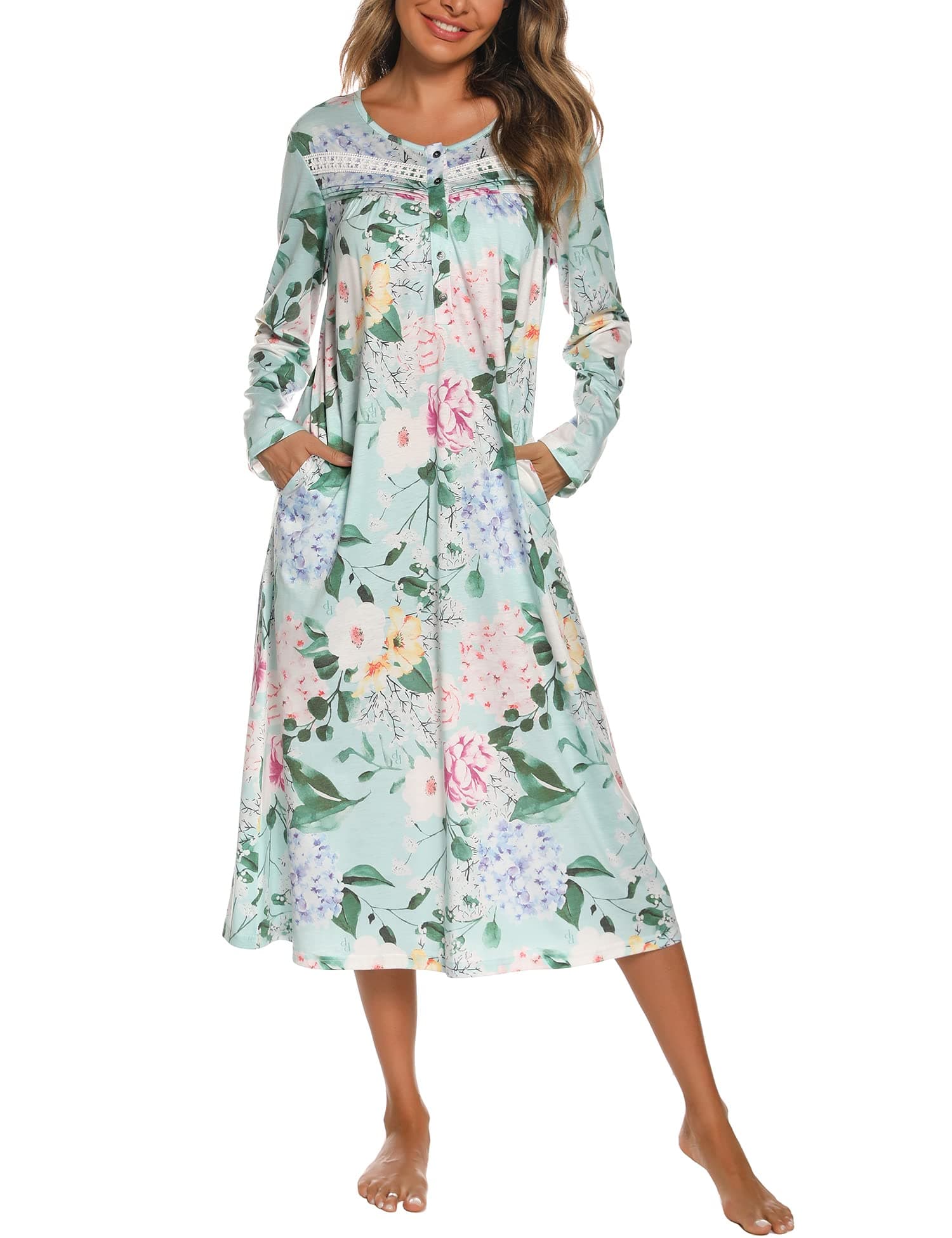 YOZLY Soft Cotton Long Sleeve Nightgown with Pockets