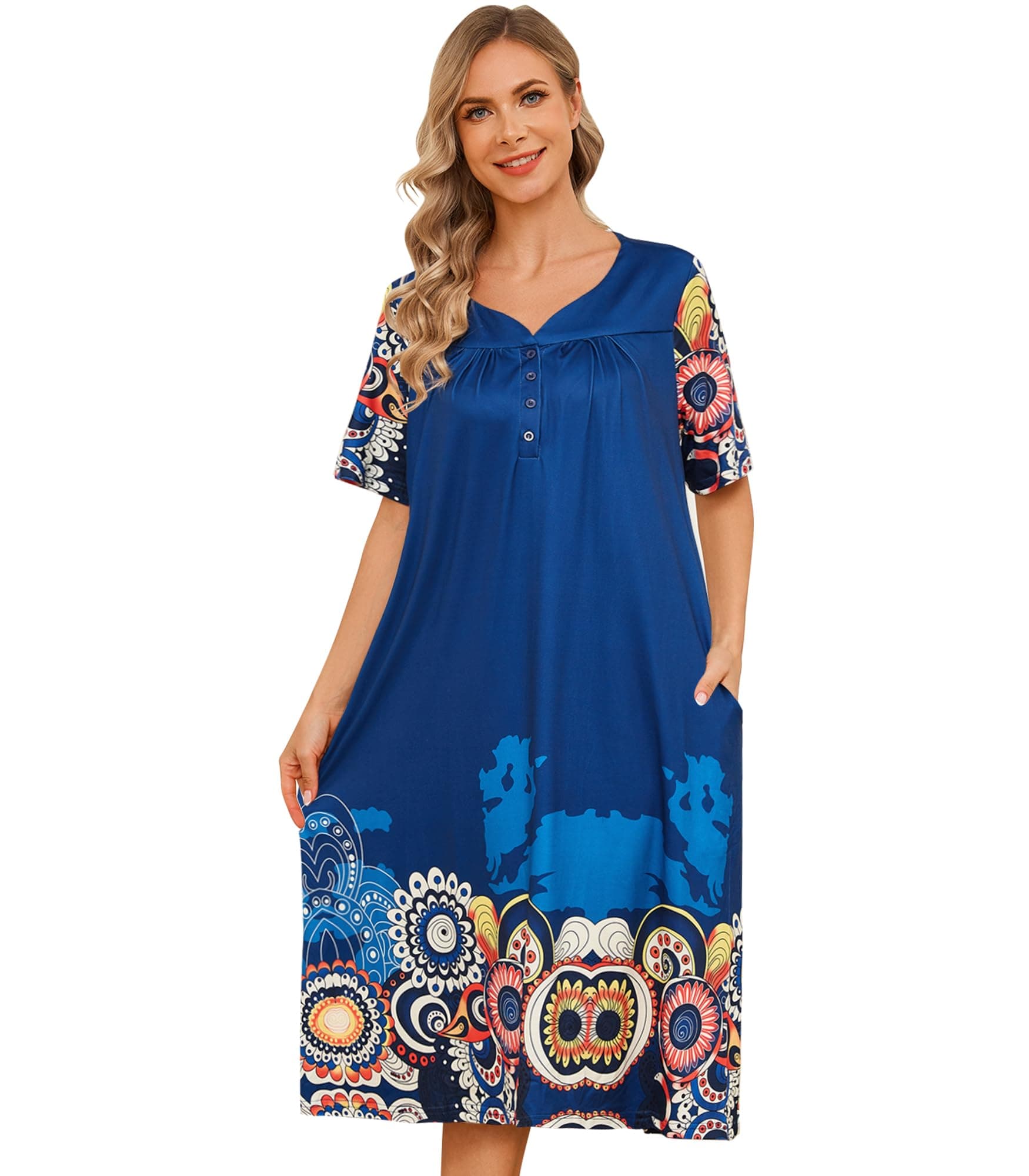 Flightbird Women's Short Sleeve Pockets Floral Print Nightgown