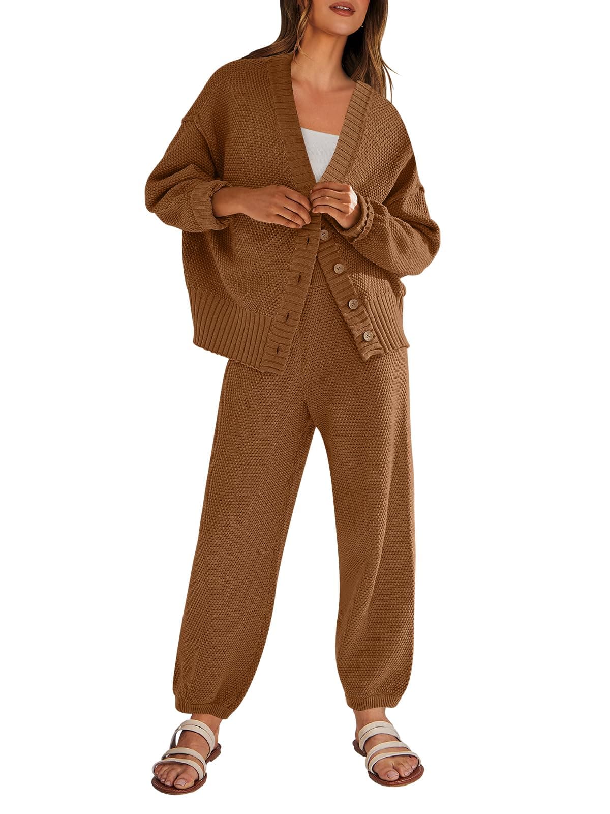 ANRABESS Women's 2-Piece Ribbed Knit Lounge Set