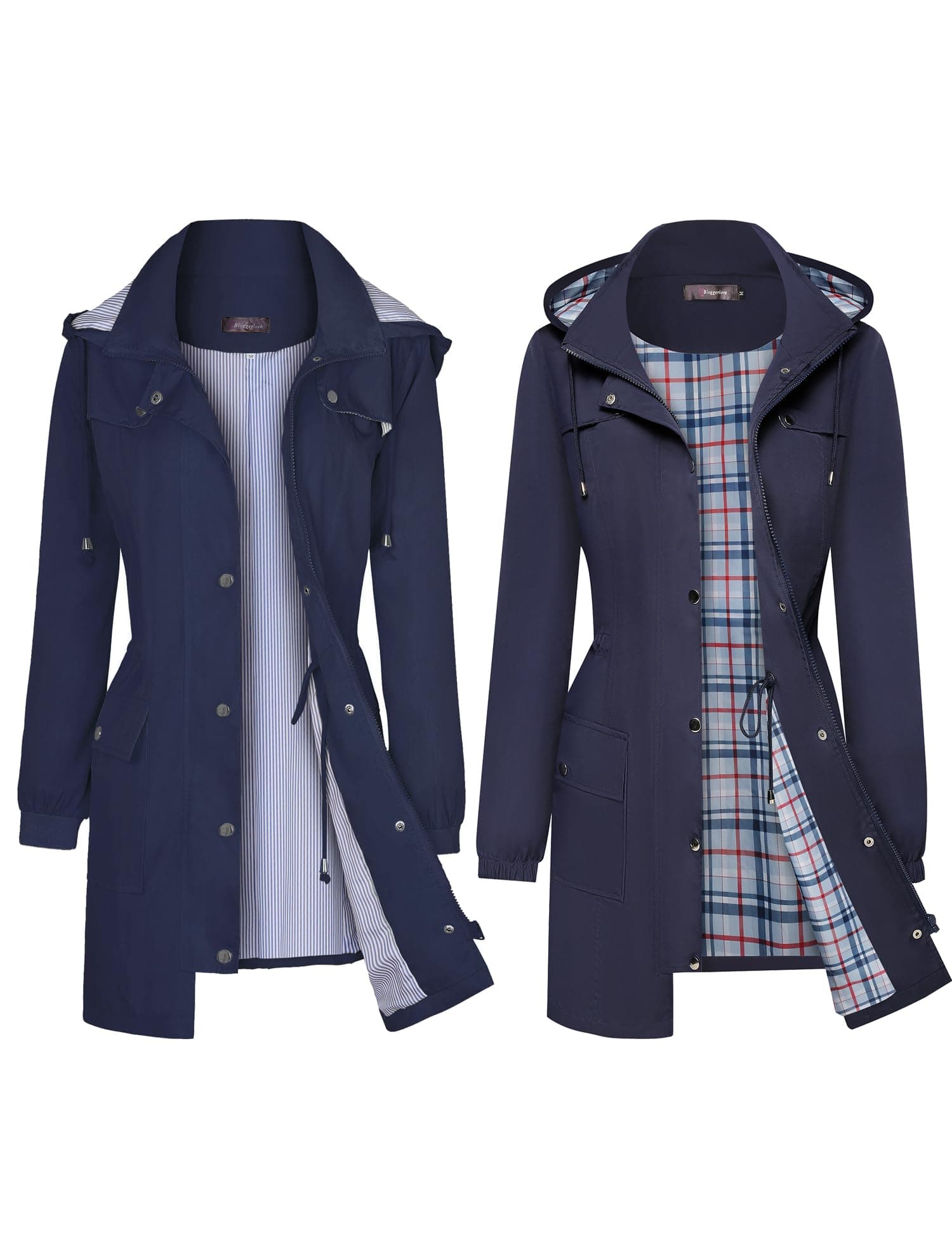 Bloggerlove Striped Rain Jacket with Plaid Lining Navy Blue L (Bundle)