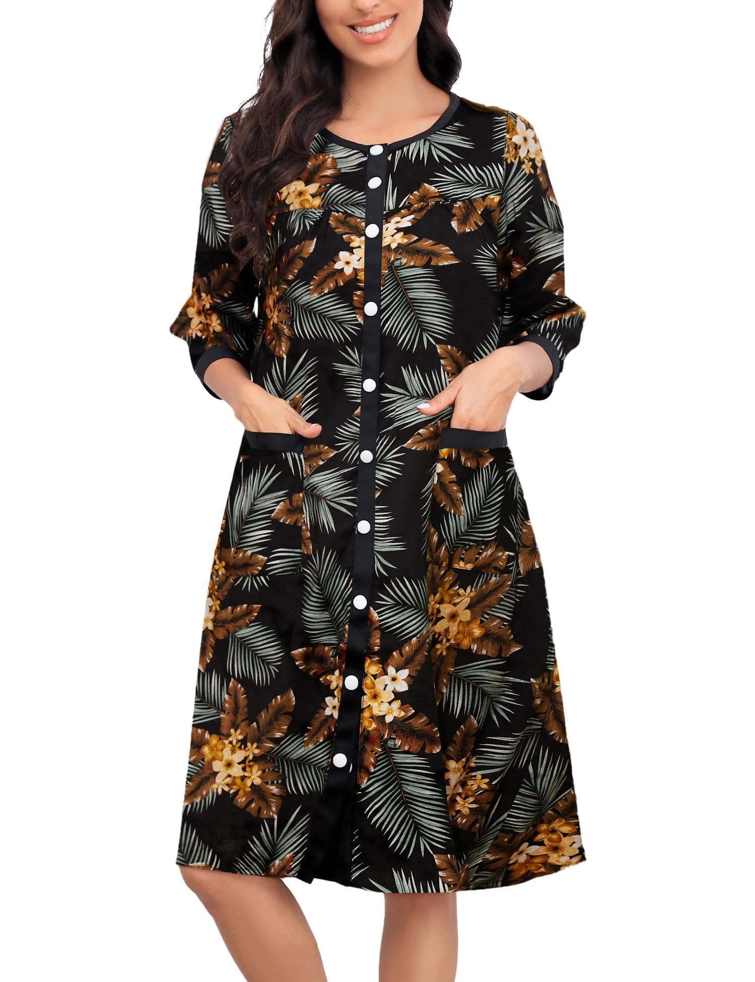 Bloggerlove Women House Dress Snap Front Nightgown 3/4 Sleeve Housecoat Duster Robe with Pockets Moomoo Patio Dress