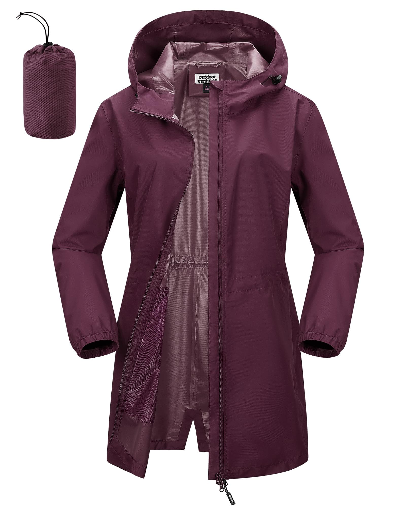 Outdoor Ventures Women's Waterproof Packable Long Rain Jacket With Hood