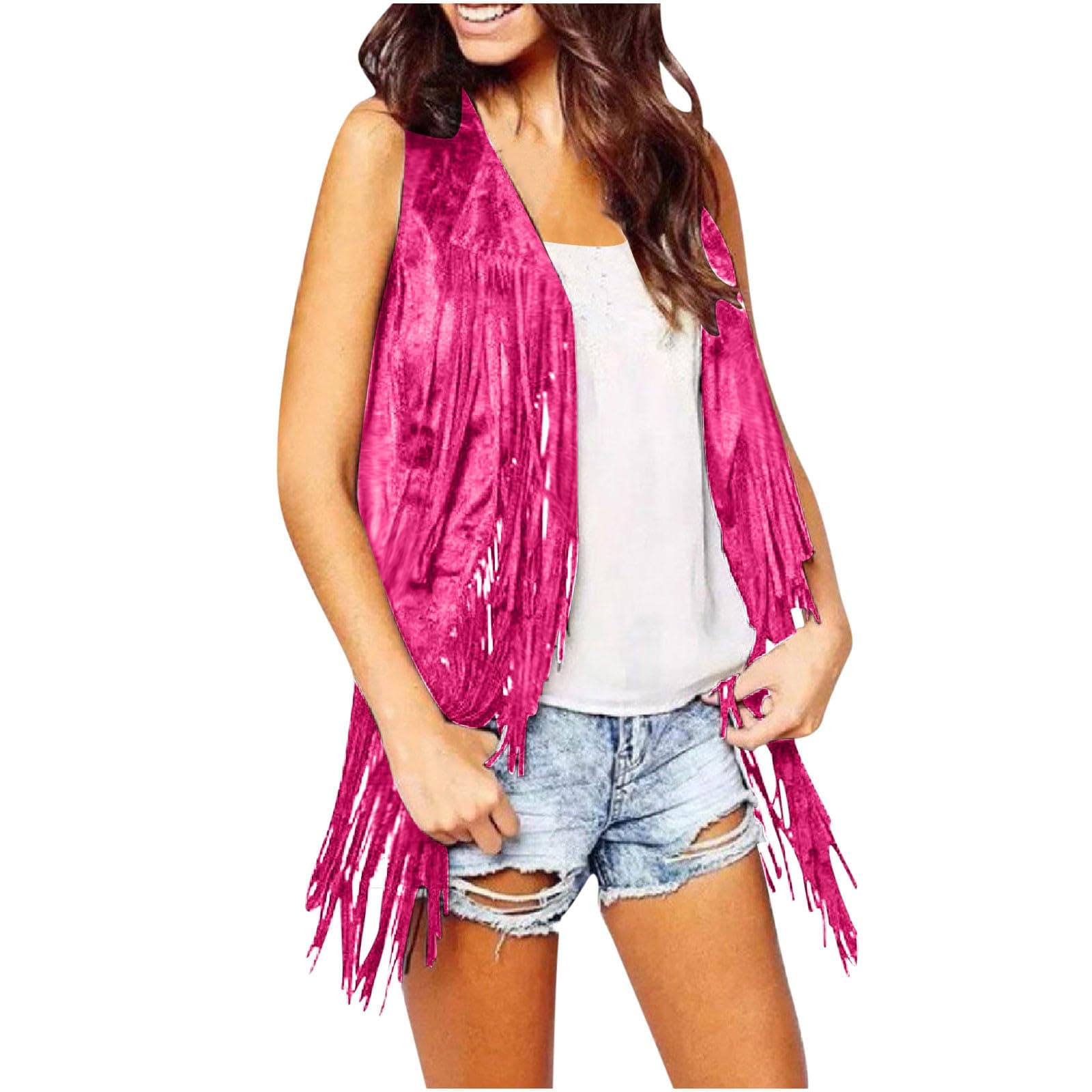 Pink Fringe Leather Vest Jacket - Faux Suede, Open Front Coat