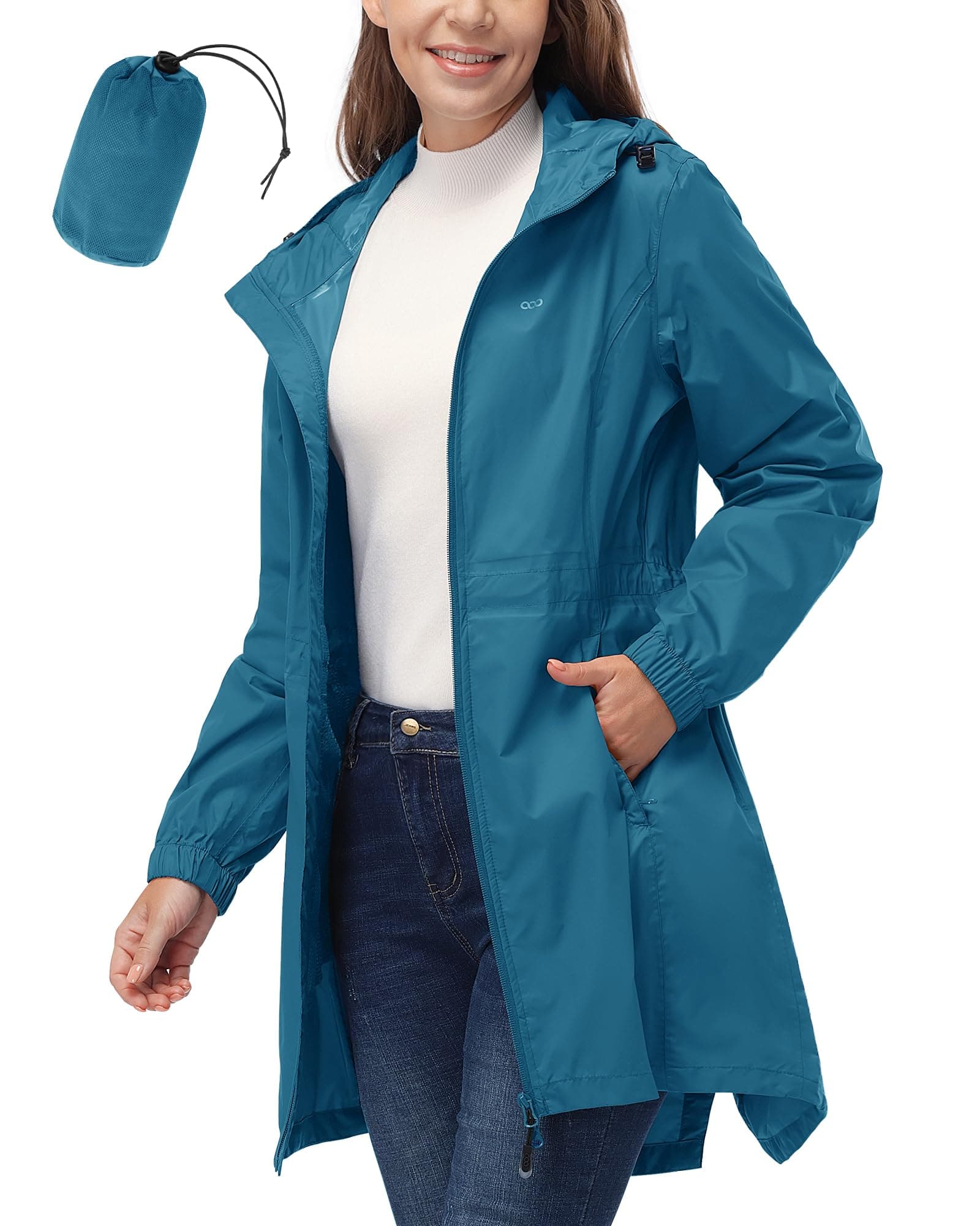 Women's 33,000ft Waterproof Long Rain Coat with Hood Windbreaker
