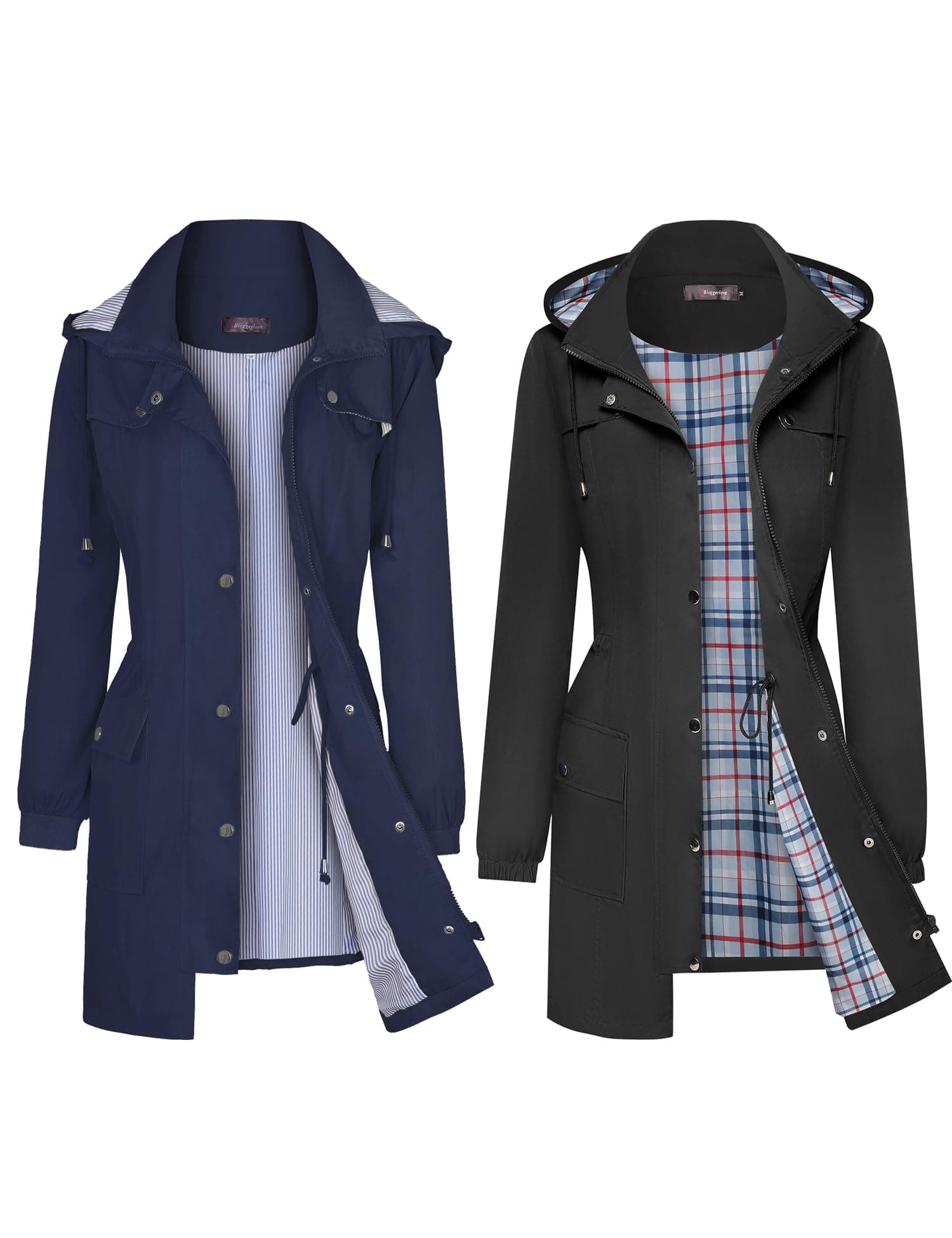 Bloggerlove Navy Blue Striped Rain Jacket with Black Plaid Lining (L Bundle)