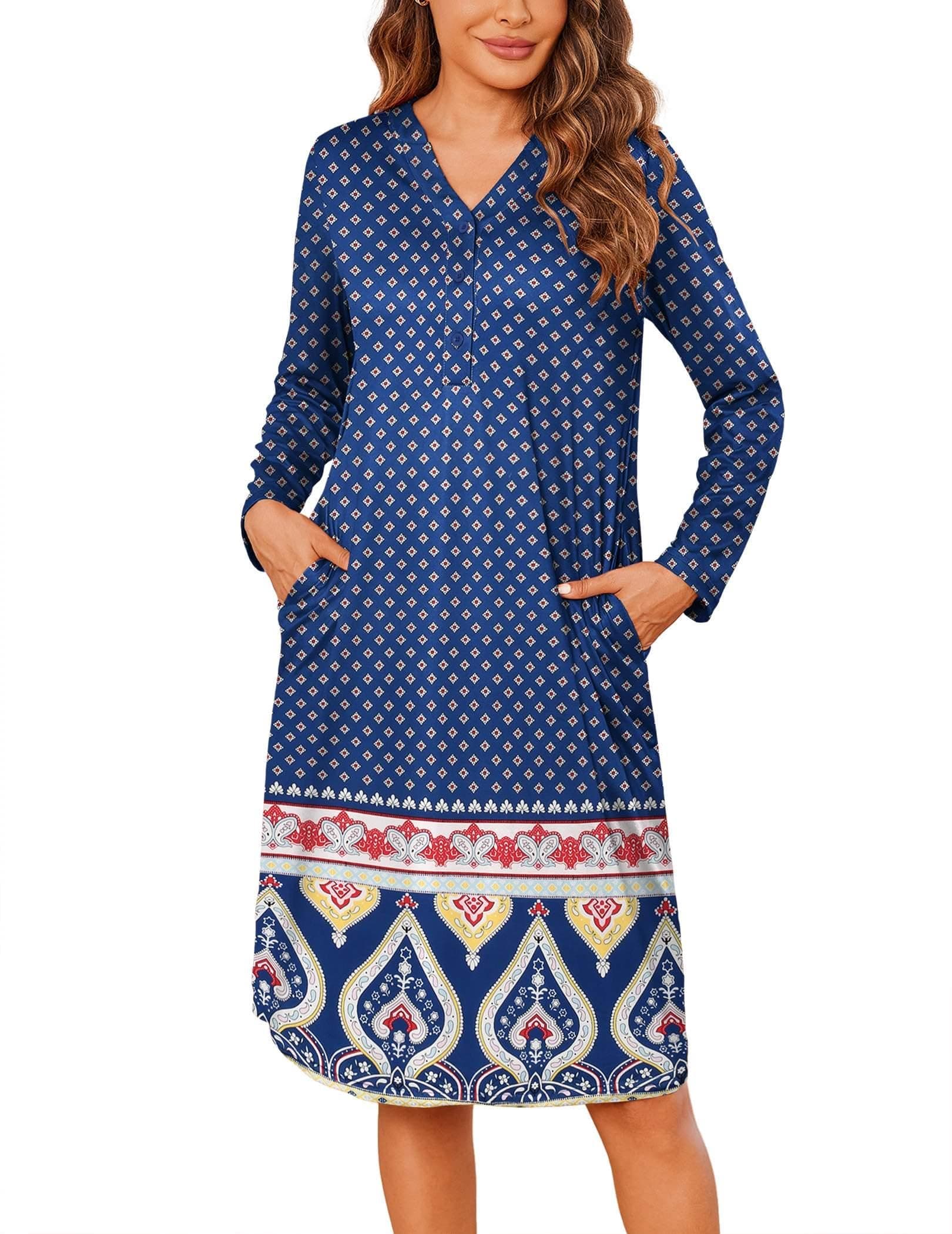 Ekouaer Women's Long Sleeve Nightgown with Pockets