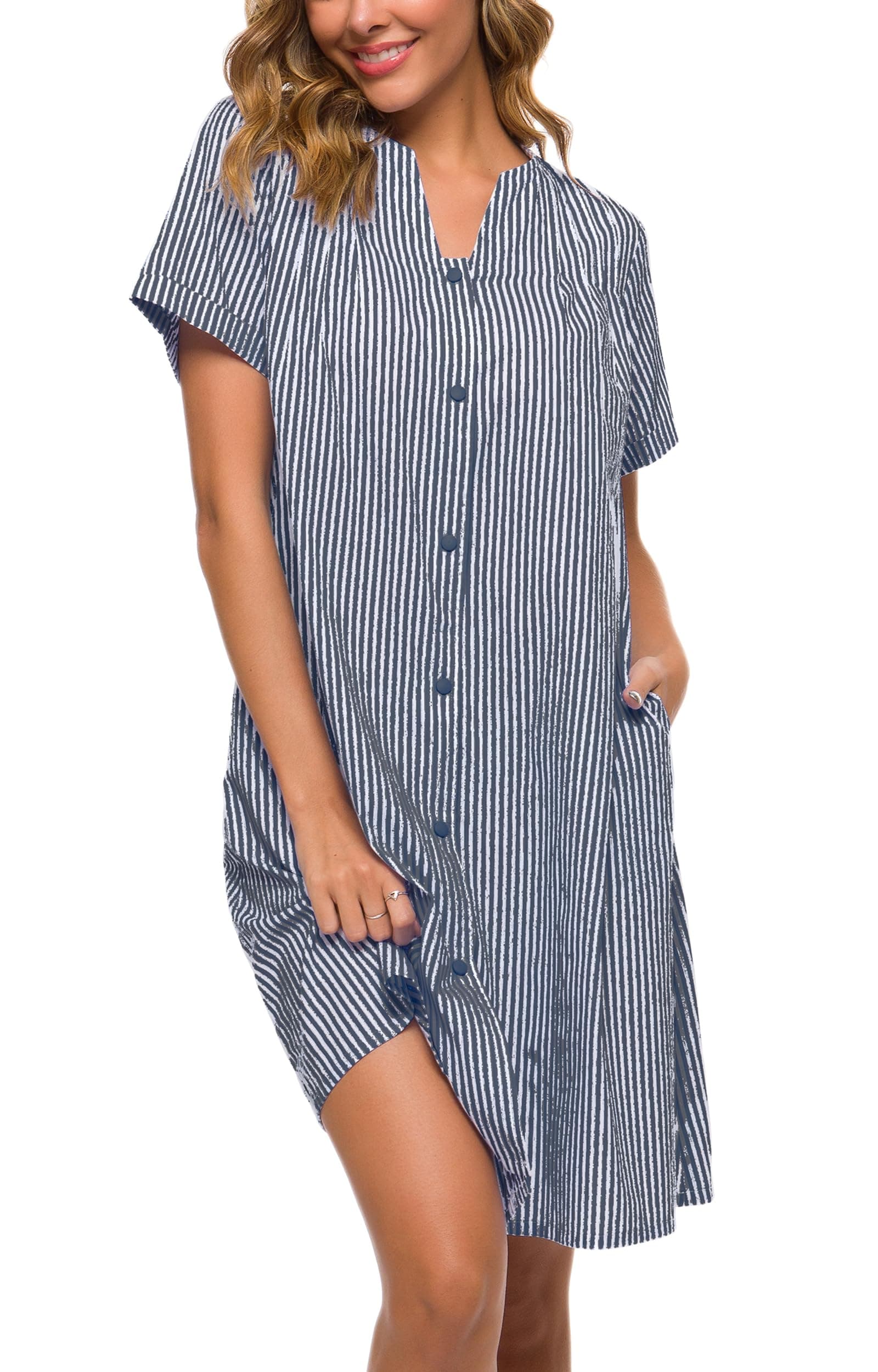 YOZLY Women's Cotton Duster Robe Short Sleeve Button Down Nightgown