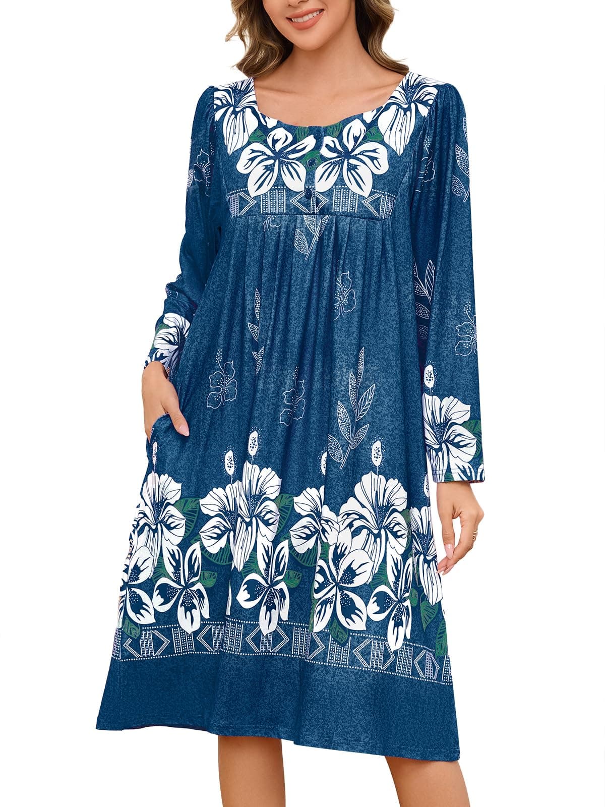 VTUOFC Women's Long Sleeve Nightgowns with Pockets Floral Print