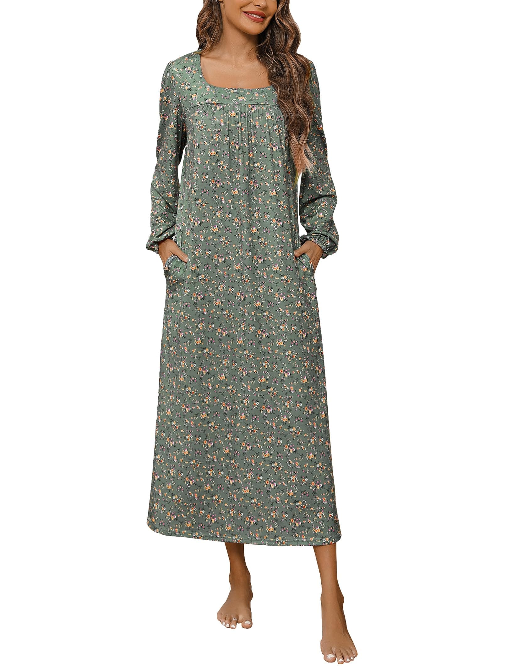 Marvmys Women's Long Sleeve Cotton Nightgown with Pocket S-XXL
