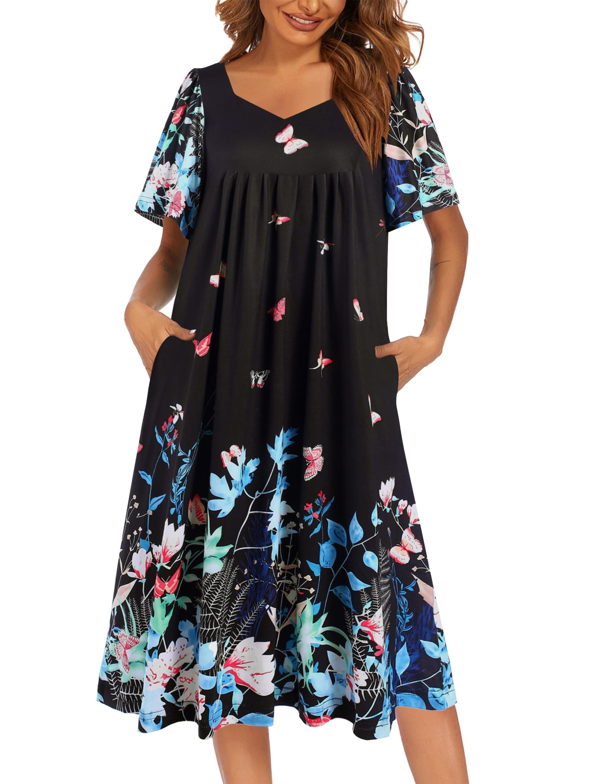 Ekouaer Women's Pleated Nightgown - Short Sleeves & Pockets