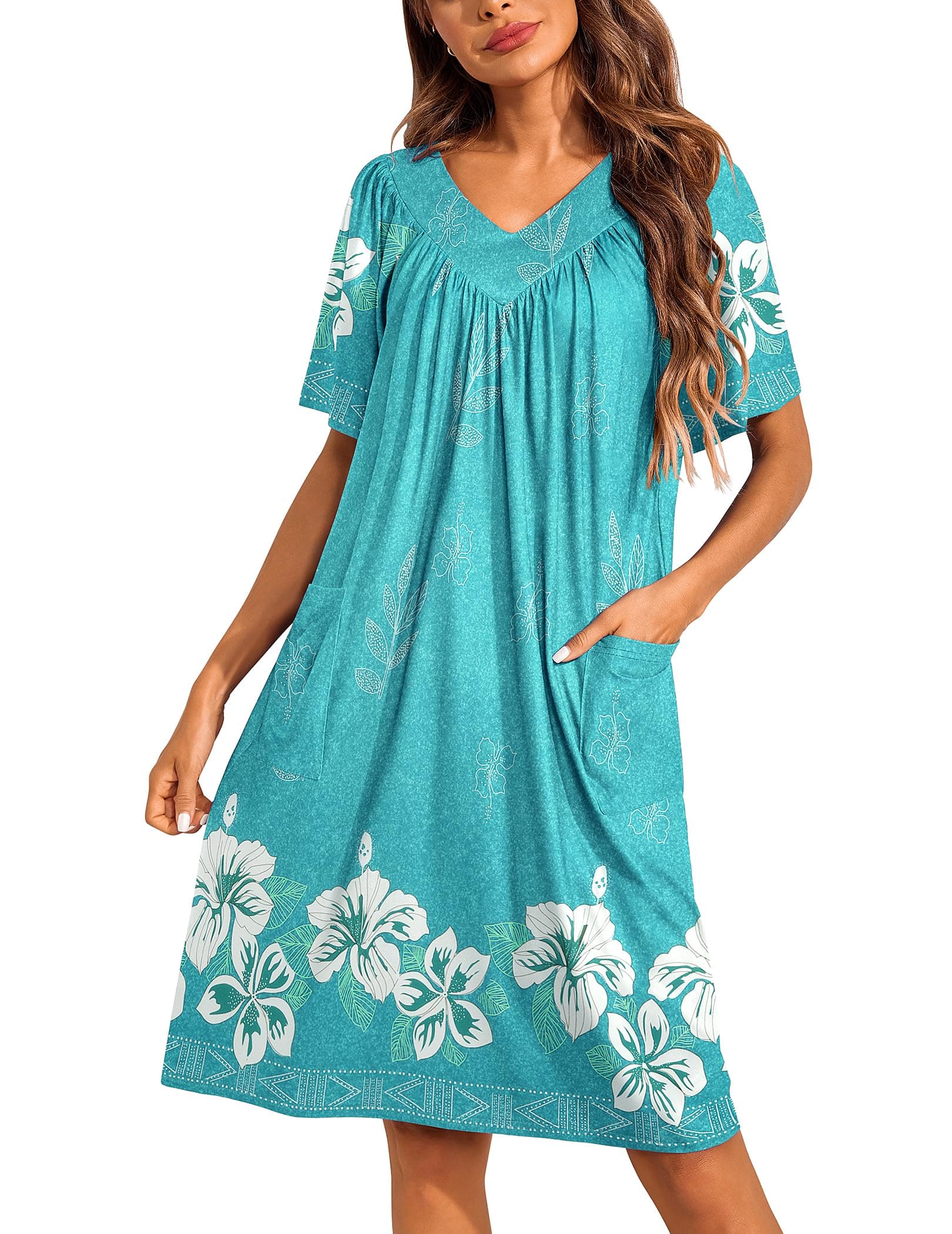 Ekouaer Womens Floral Print Pocket Nightgown Mumu Dress