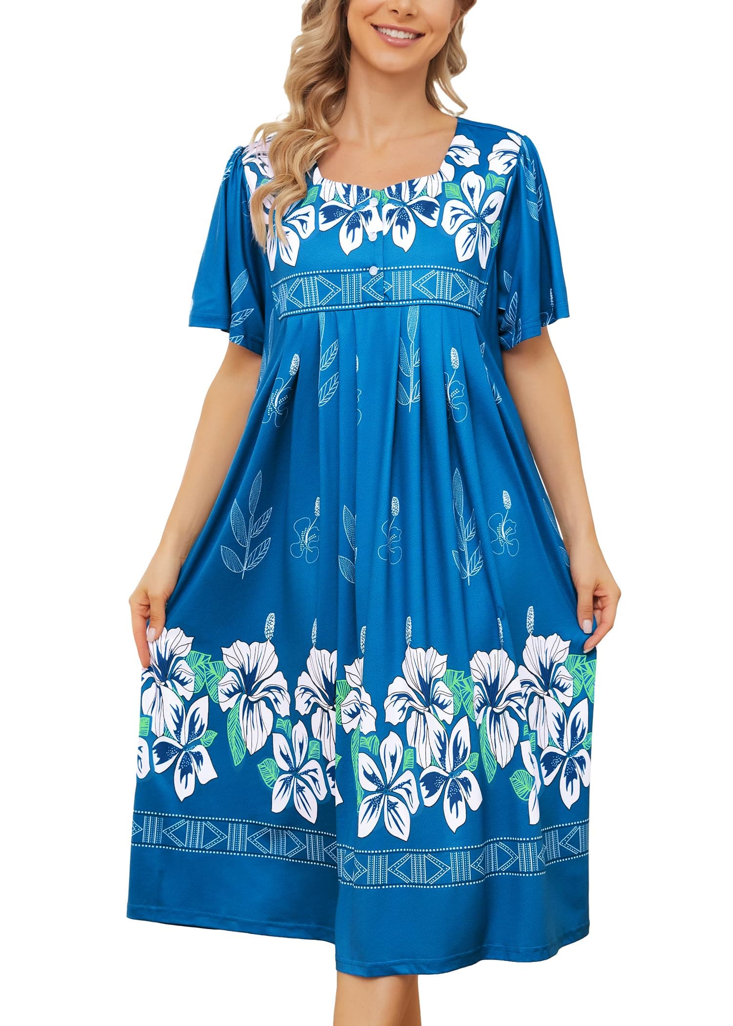 Women's Bloggerlove Hawaiian Muumuu Nightgown with Pockets for Summer Lounger Patio Wear