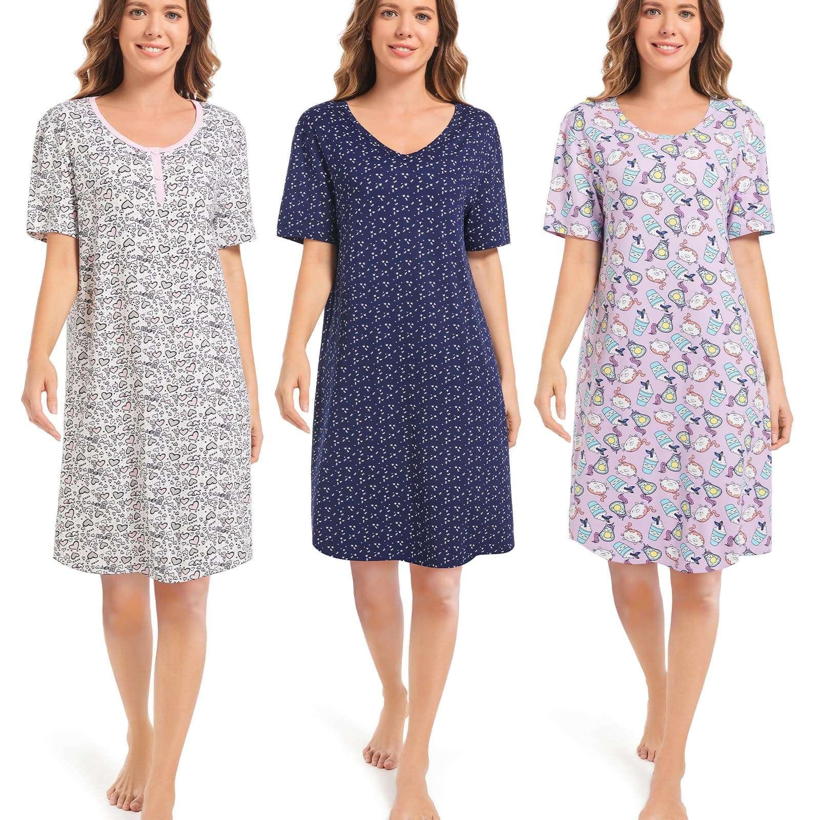 CONOMAX 3 Pack Soft Sleepshirts for Women Short Sleeve Nightwear