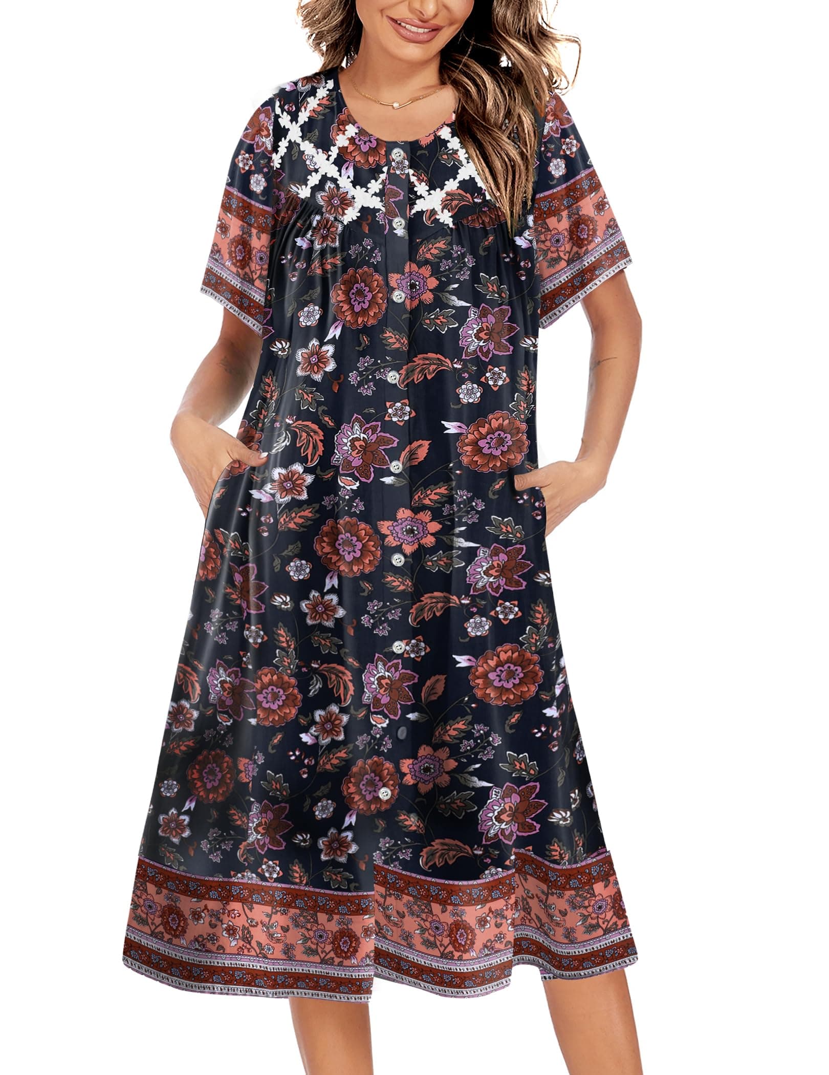 Ekouaer Women's Button Down Short Sleeve House Dress with Pockets S-4XL