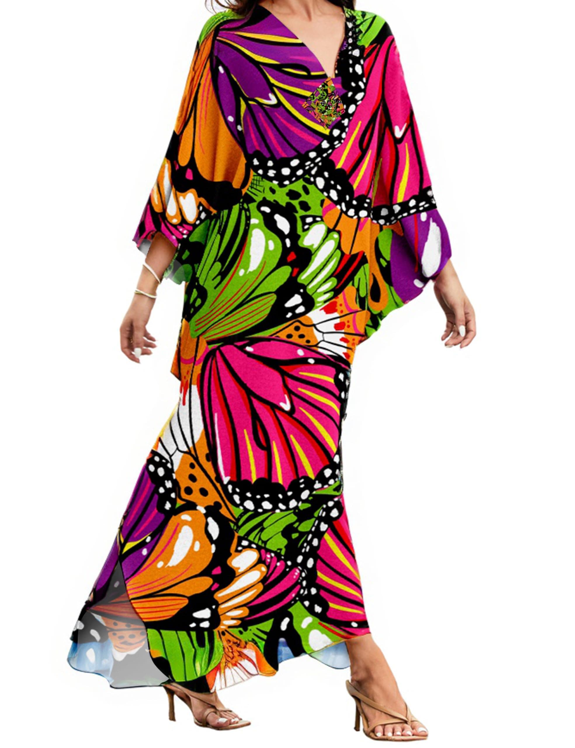 MAKABO V Neck Colorful Print Caftan Dresses for Women Beach Volley Beach Day Sun Protection