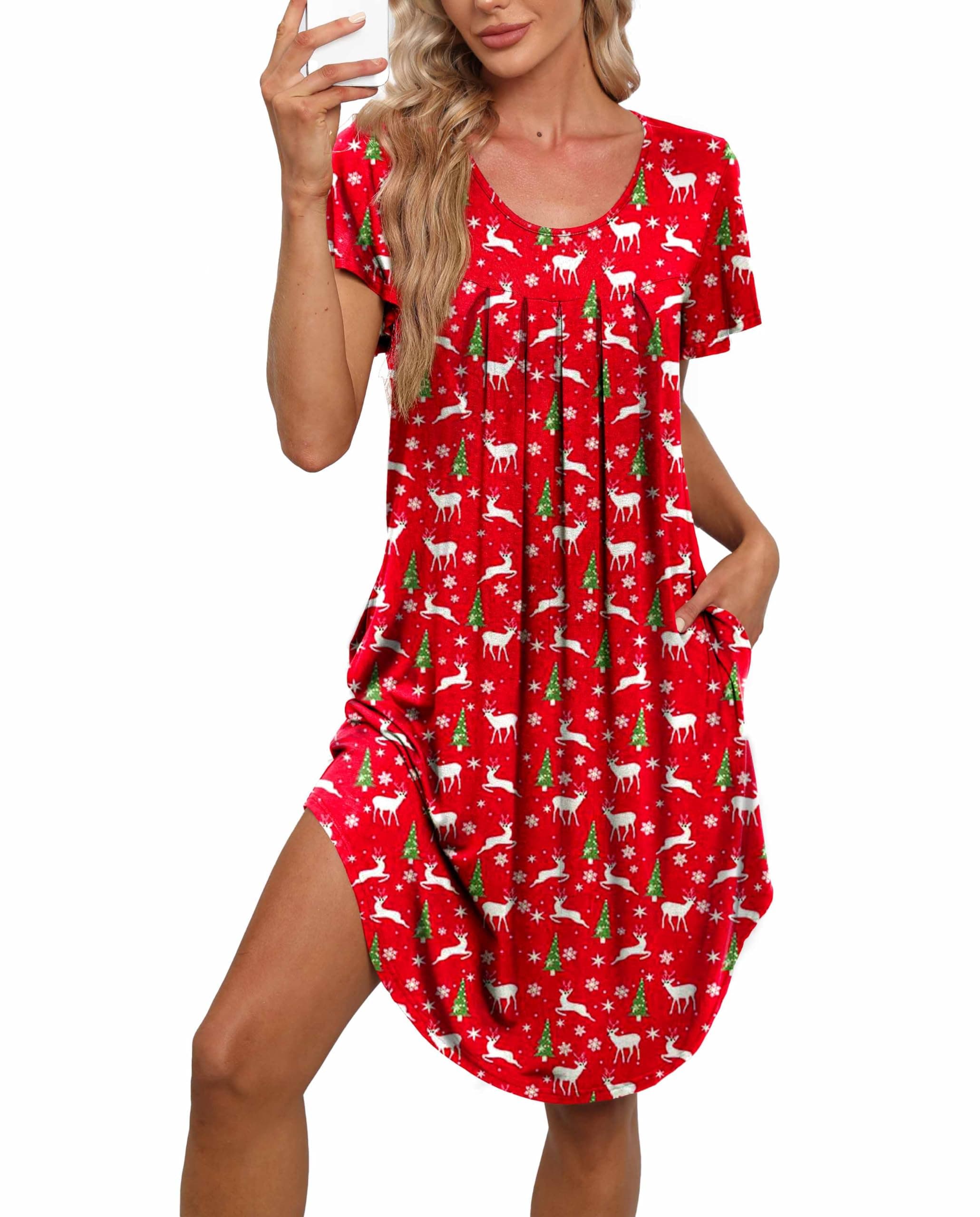 Bestshow Women's Pleated Front Loose Fit Short Sleeve Nightgown with Hand Pockets (S-5XL)