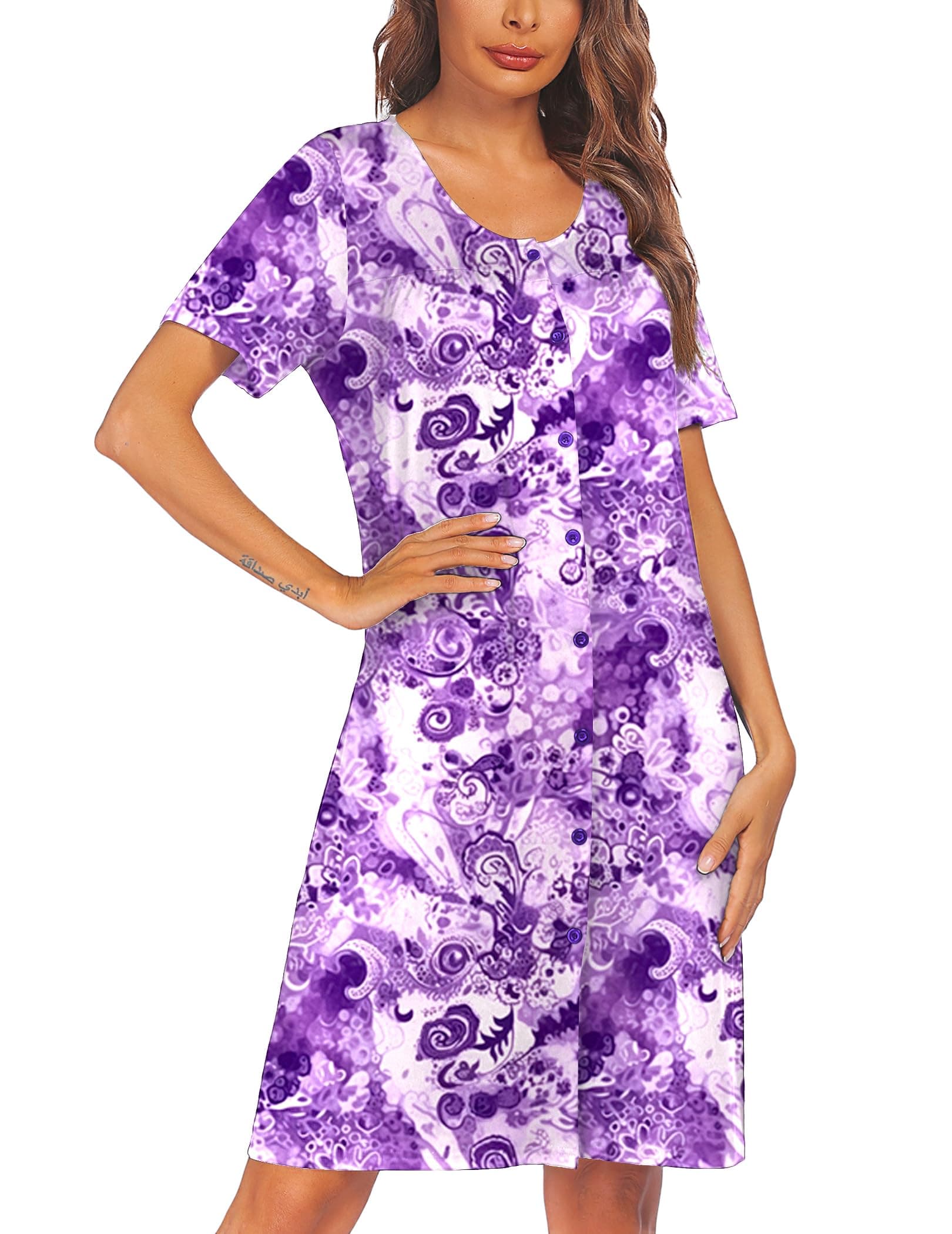 Ekouaer Women's Short Sleeve Pleated Nightgown - Button Down Snap Front S-2XL