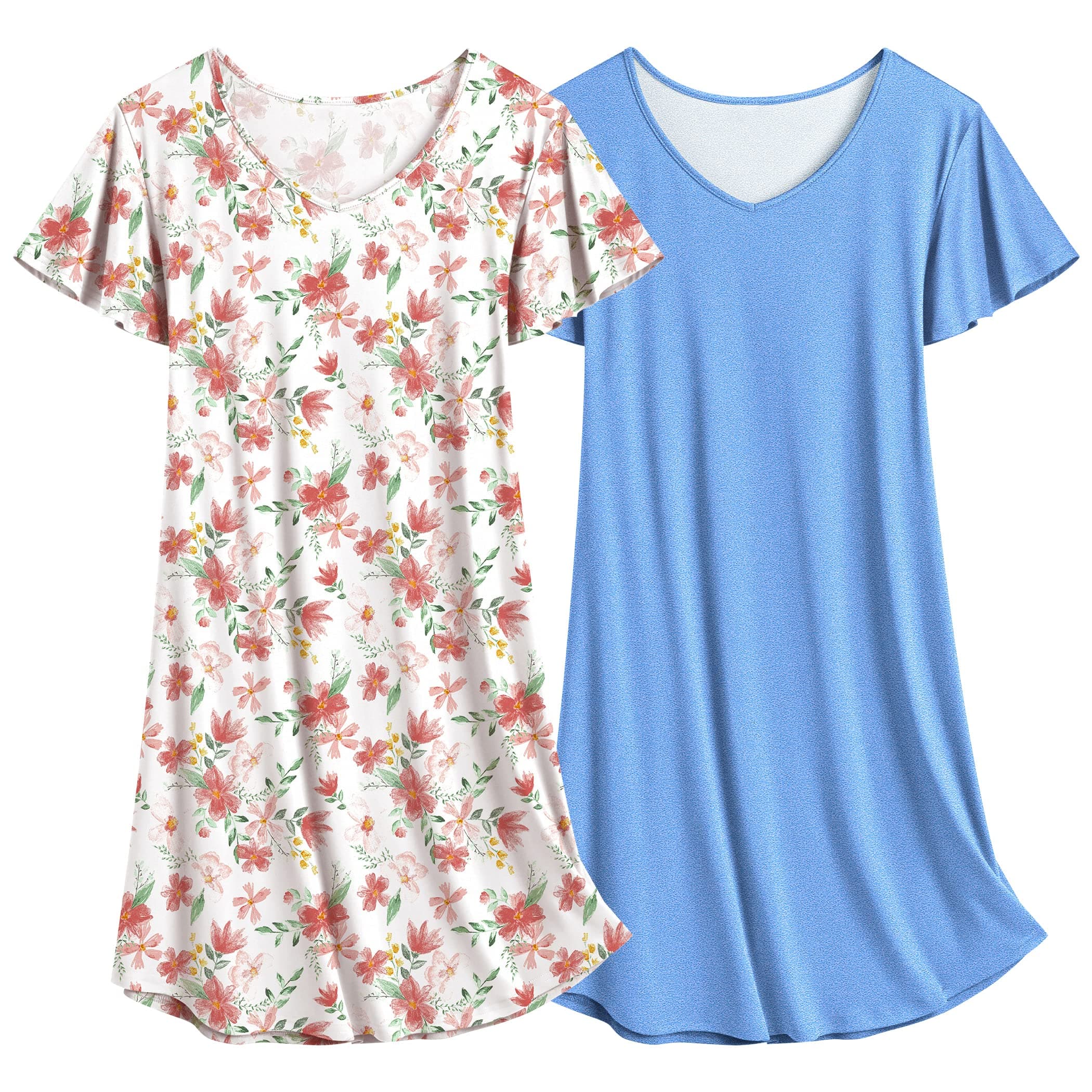 Ekouaer Women's Flare Short Sleeve V-Neck Nightgown 2-Pack S-2XL