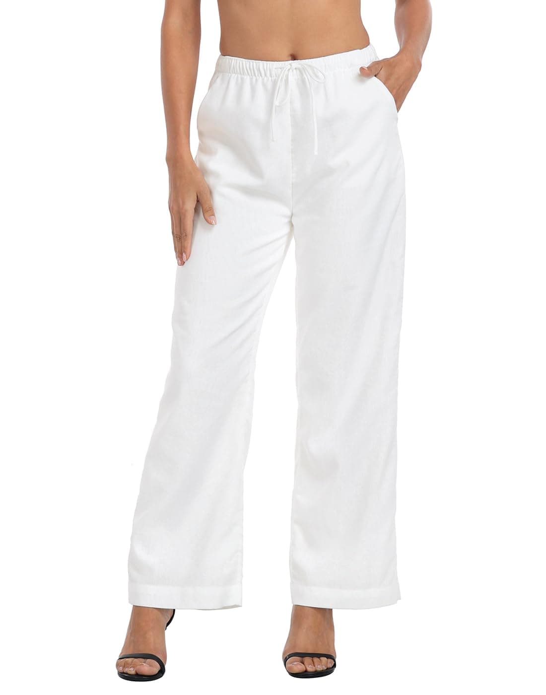 HDE Women's Linen Drawstring Wide Leg Palazzo Trouser with Pockets