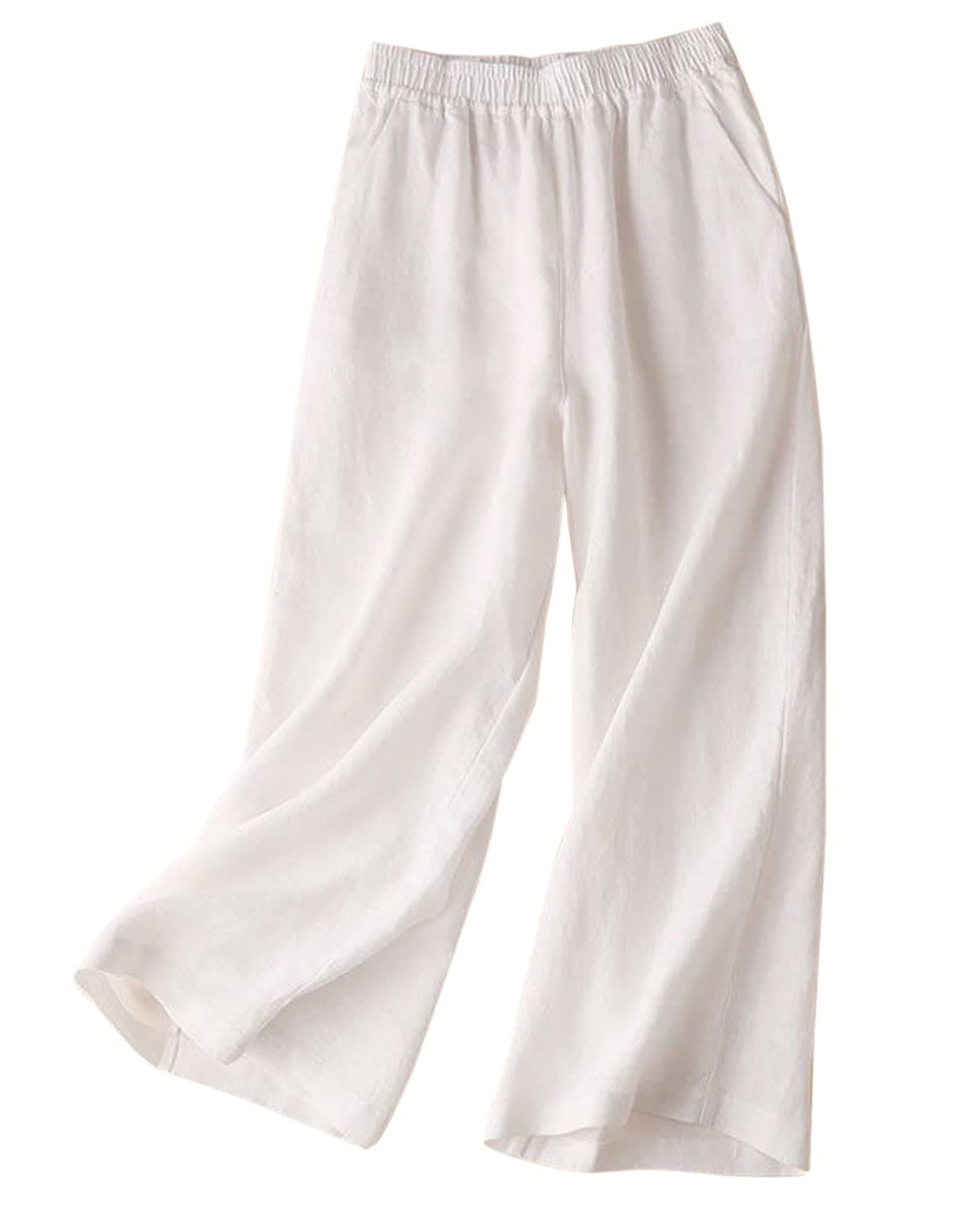 Aeneontrue Women's 100% Linen Wide Leg Flowy Palazzo Trousers with Pockets