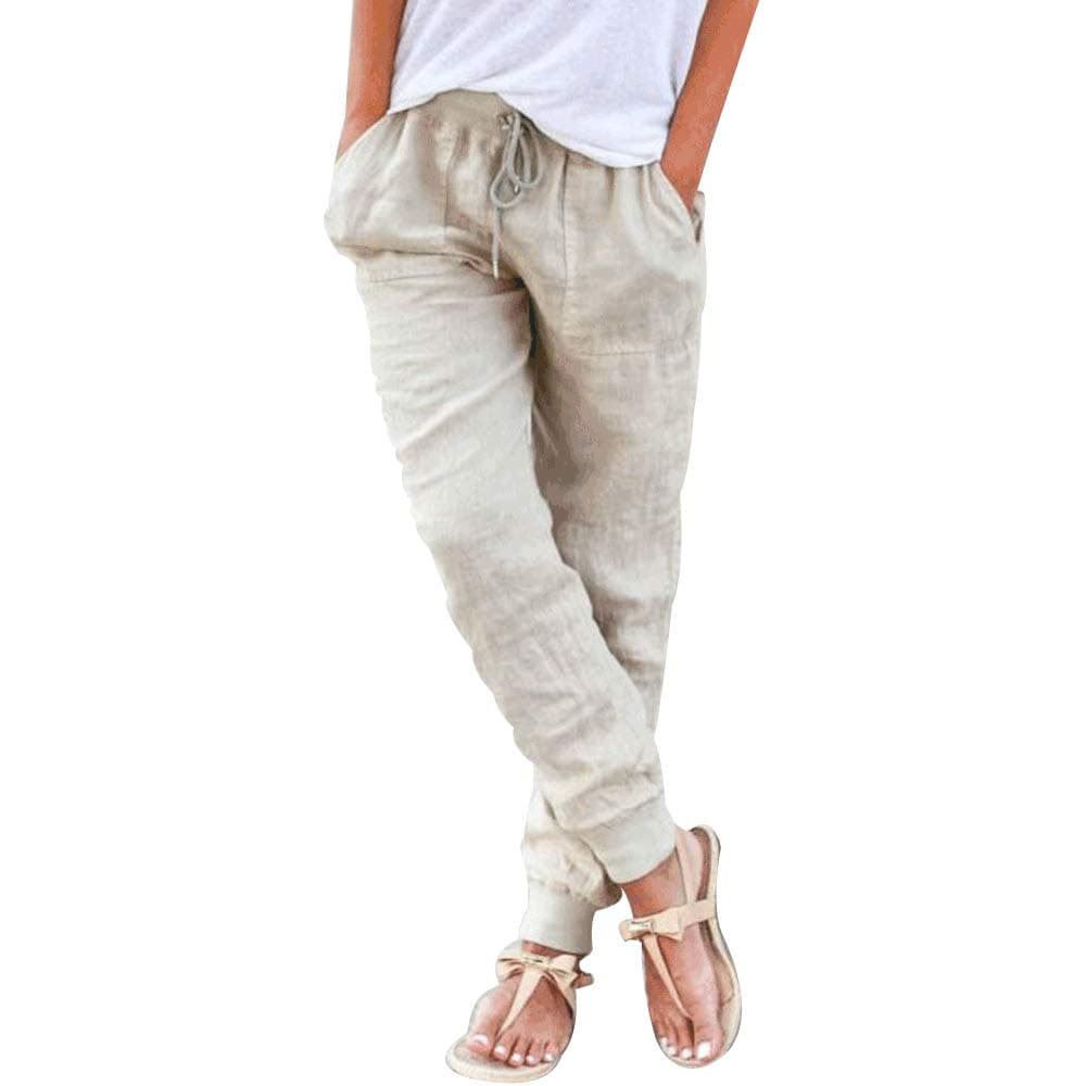 Puimentiua Women's Tapered Cotton Linen Drawstring Pants with Pockets