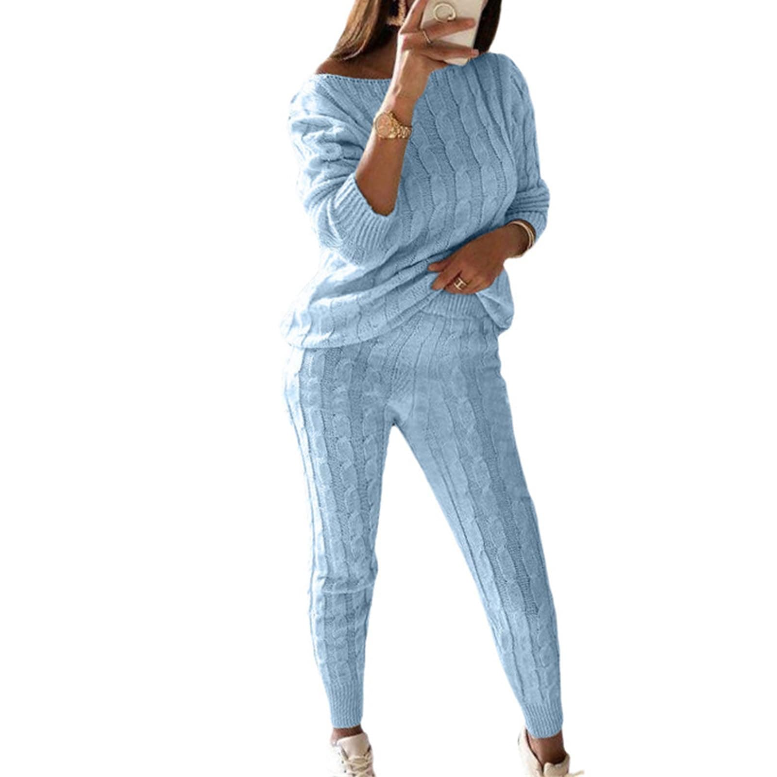Wankang Women's Fall Cable Knit Set Plus Size Tracksuit Loungewear