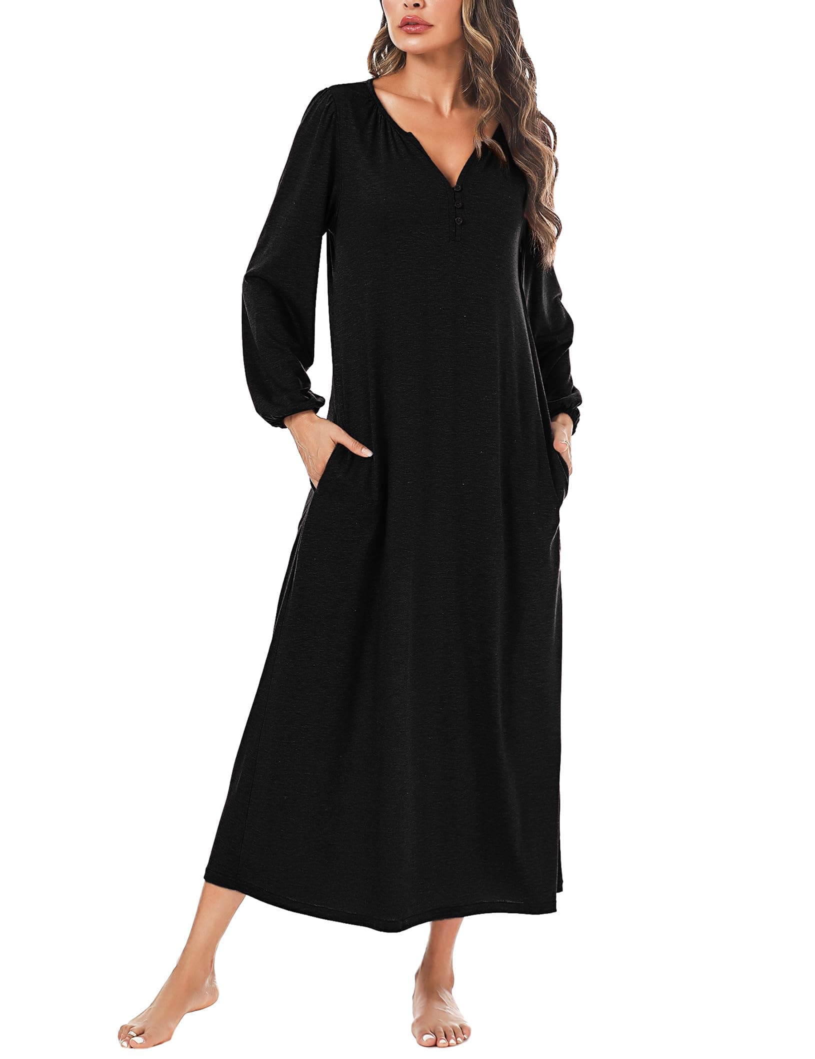 Marvmys Women's Cotton Long Sleeve Nightgown with Pockets