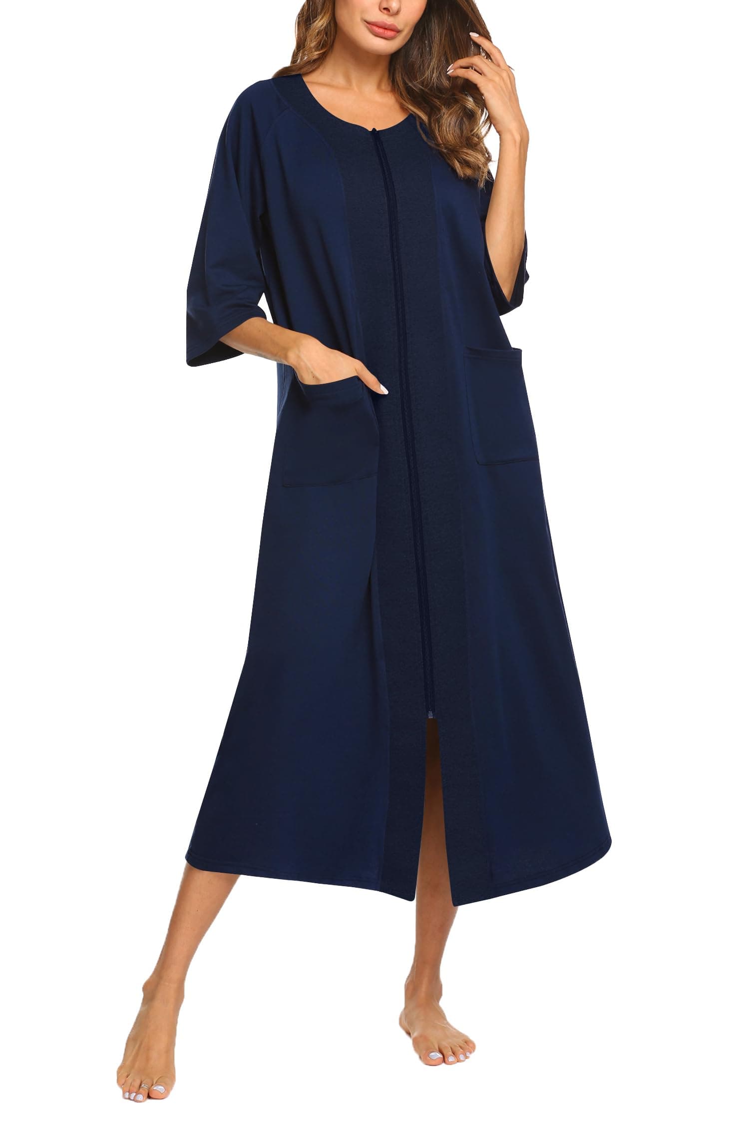 Ekouaer Women'sZipper 3/4 Sleeve Housecoat with Pockets