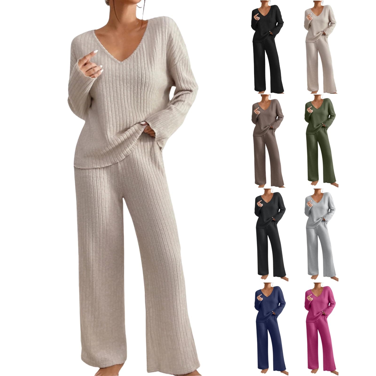 TIGENA Women's Ribbed Long Sleeve Sweater & Wide Leg Pants Lounge Set