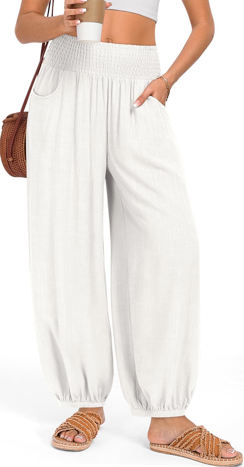 TARSE Womens Linen Wide Leg Beach Pants with Pockets