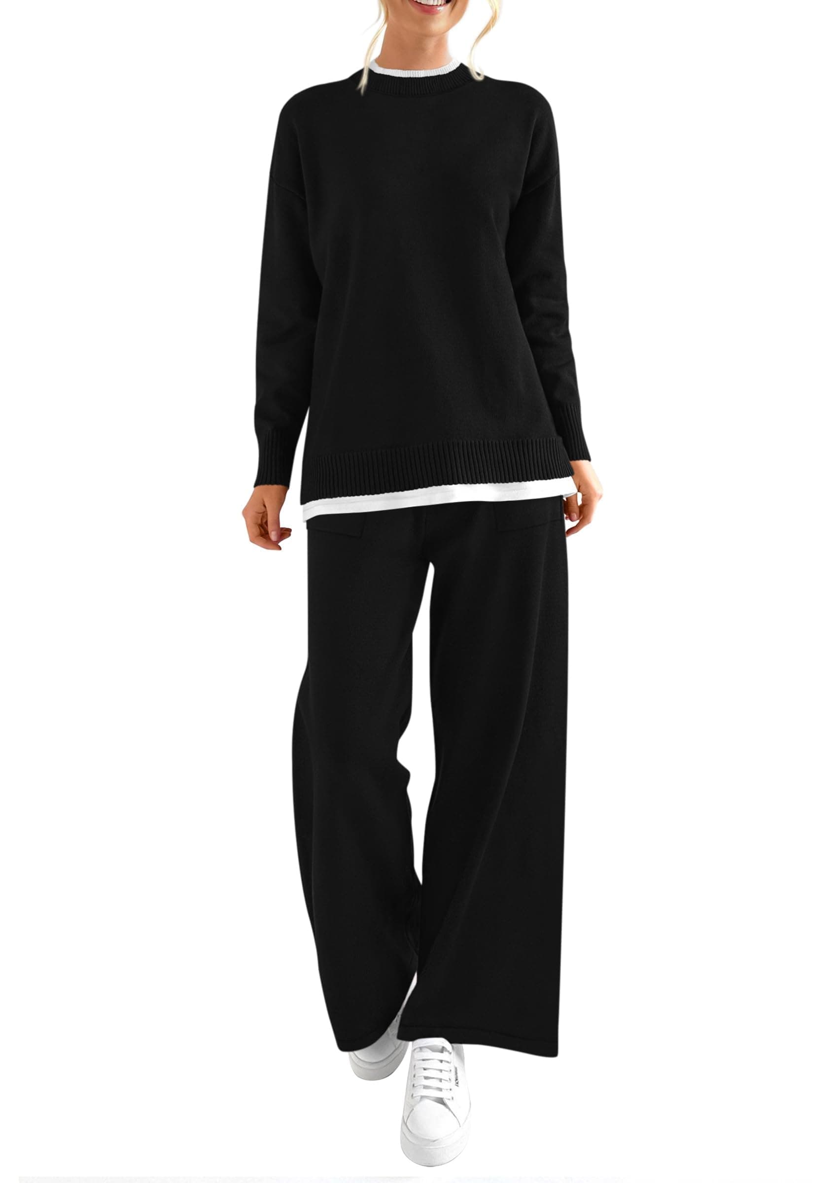 PRETTYGARDEN Women's Winter Matching Sweater Sets Knit Long Sleeve Tops Wide Leg Pants Tracksuit