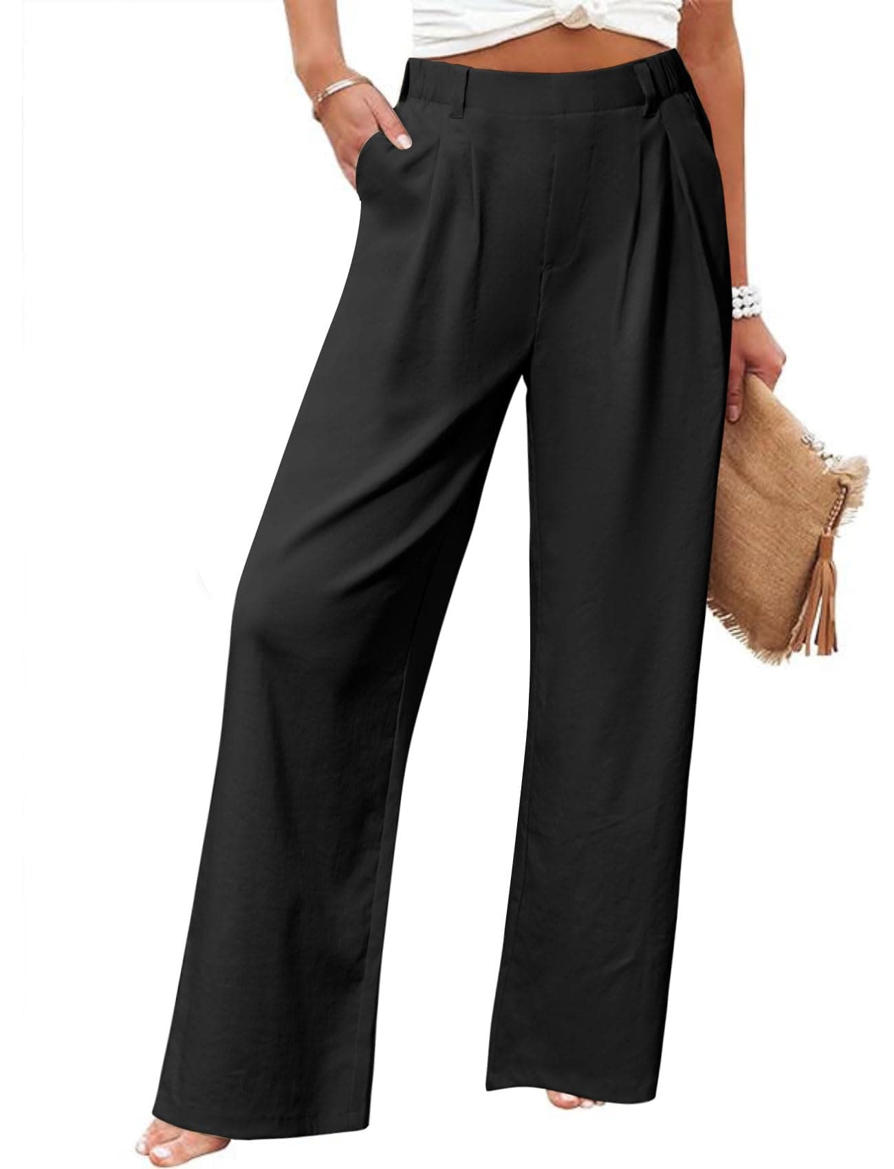 SEMARO Womens High Waisted Linen Feel Wide Leg Pants with Pockets