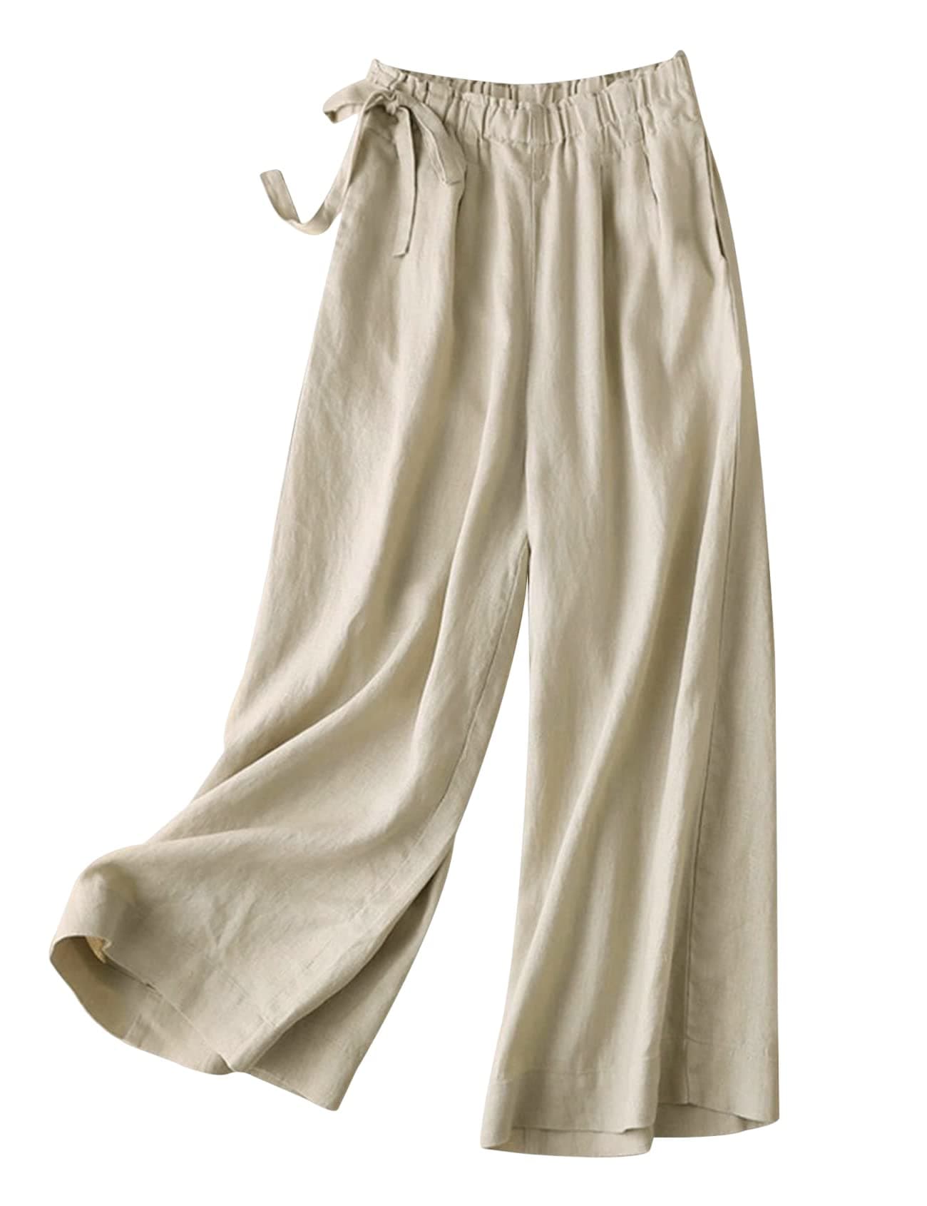 Gihuo Women's Comfortable High-Waist Cotton Linen Palazzo Pants