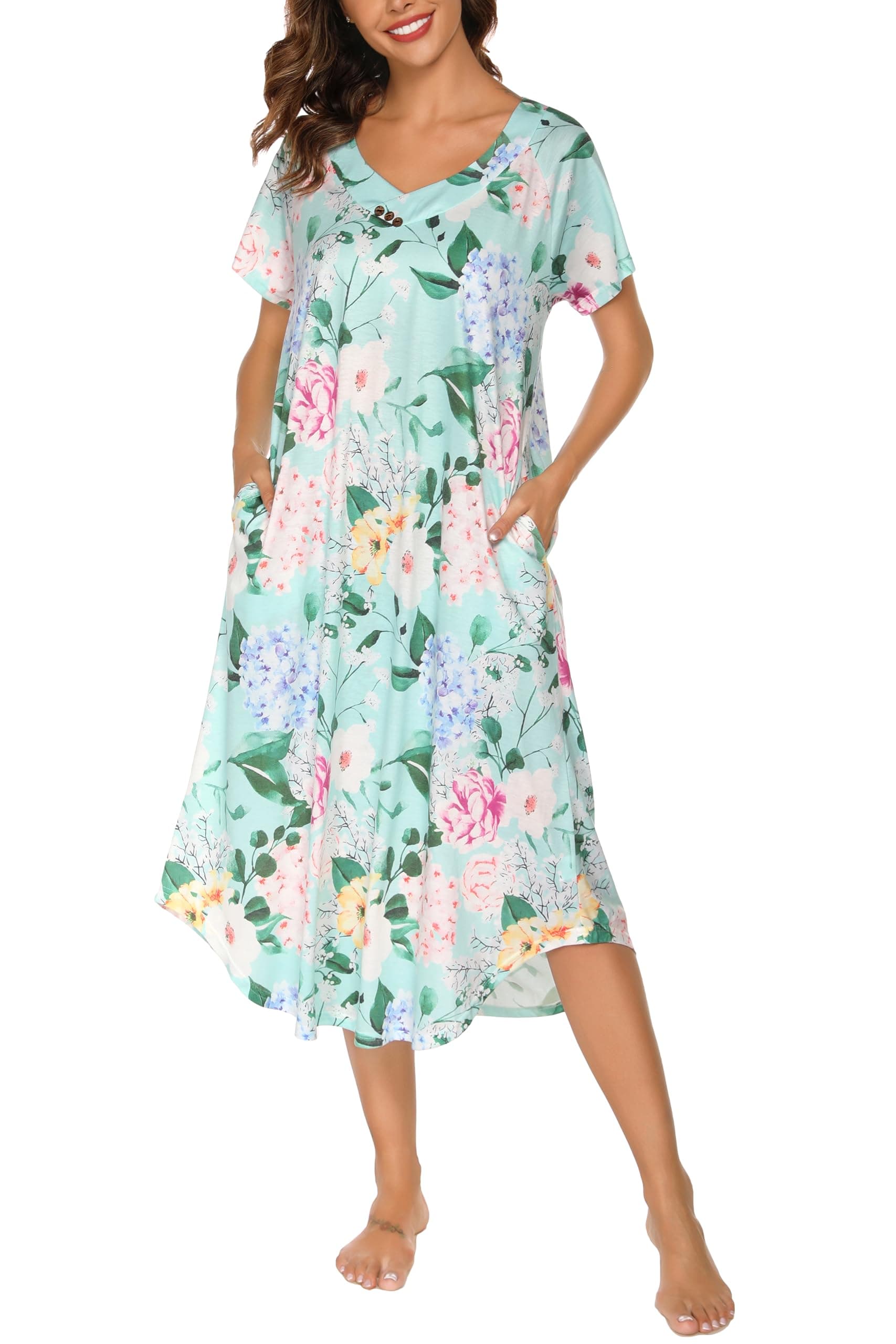 YOZLY Soft V-Neck Short Sleeve Nightgowns for Women with Pockets