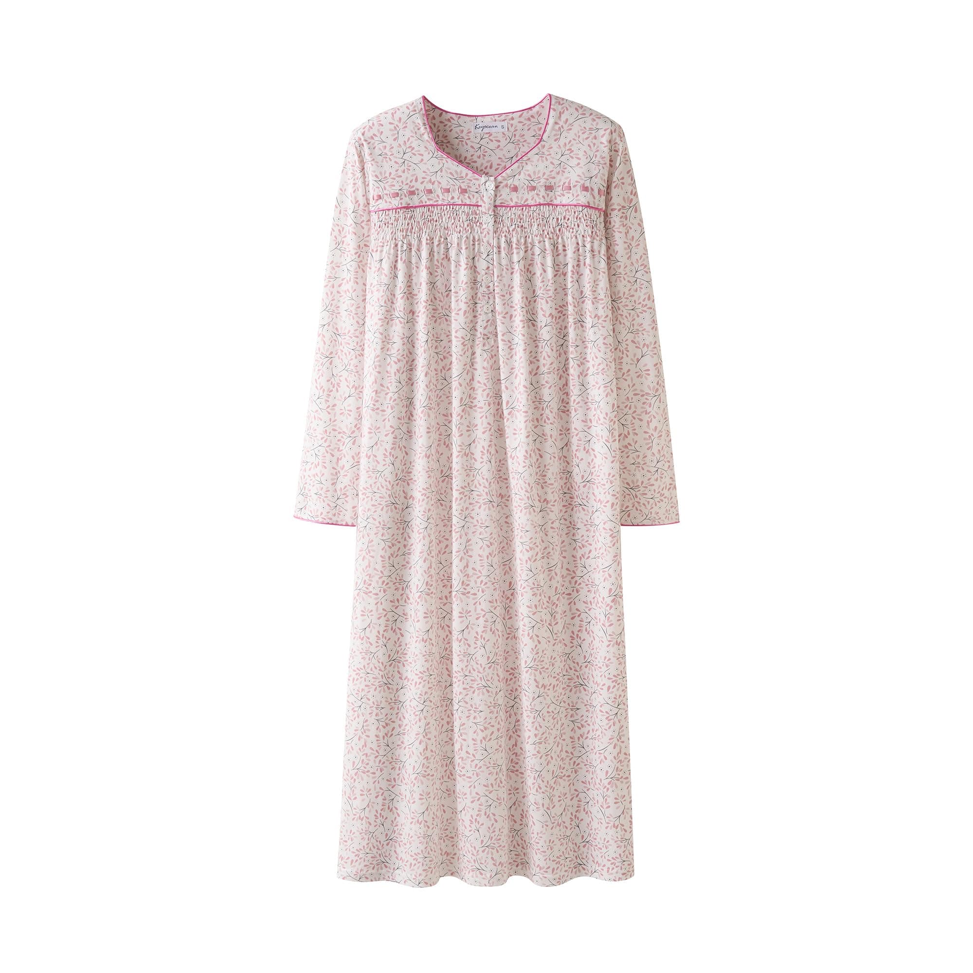 Soft Cotton Embroidered Long-Sleeve Nightdress for Women by Keyocean