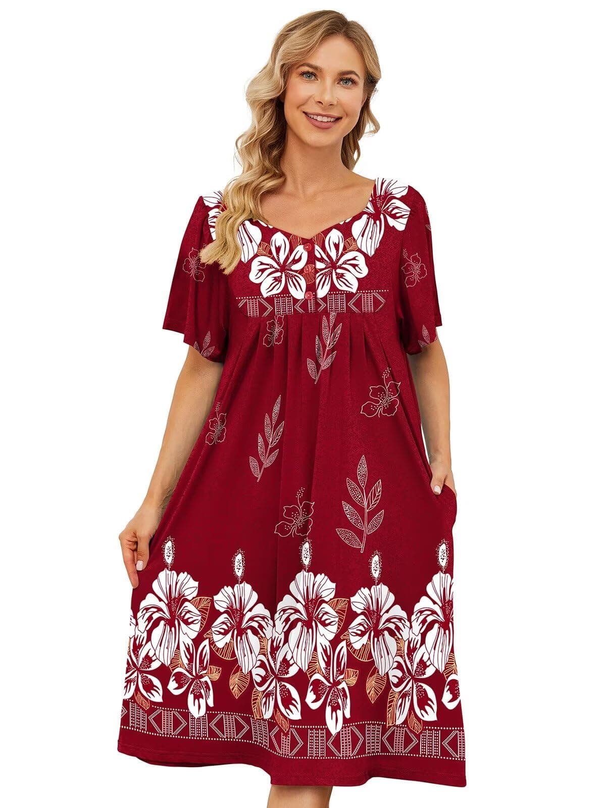 Womens House Dresses with Pockets - Moo Moo Nightgown Short Sleeve Mumu Dress Lounge Dress S-3XL
