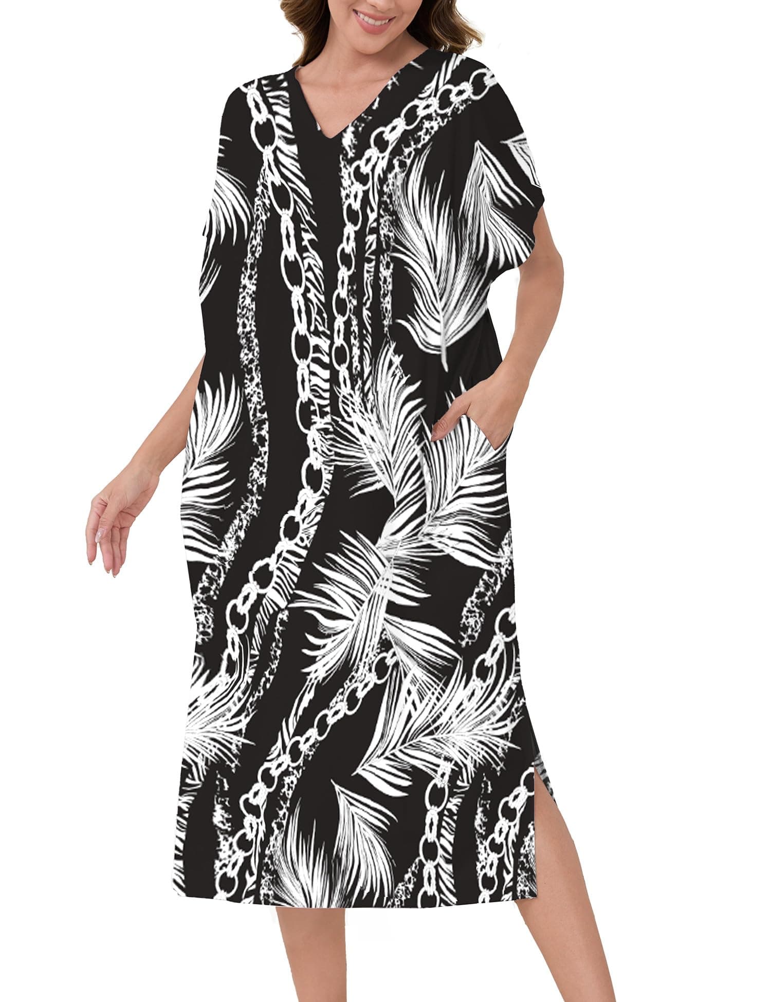 Moomoo Women's Short Sleeve V-Neck Batwing Nightgown with Pockets S-2XL