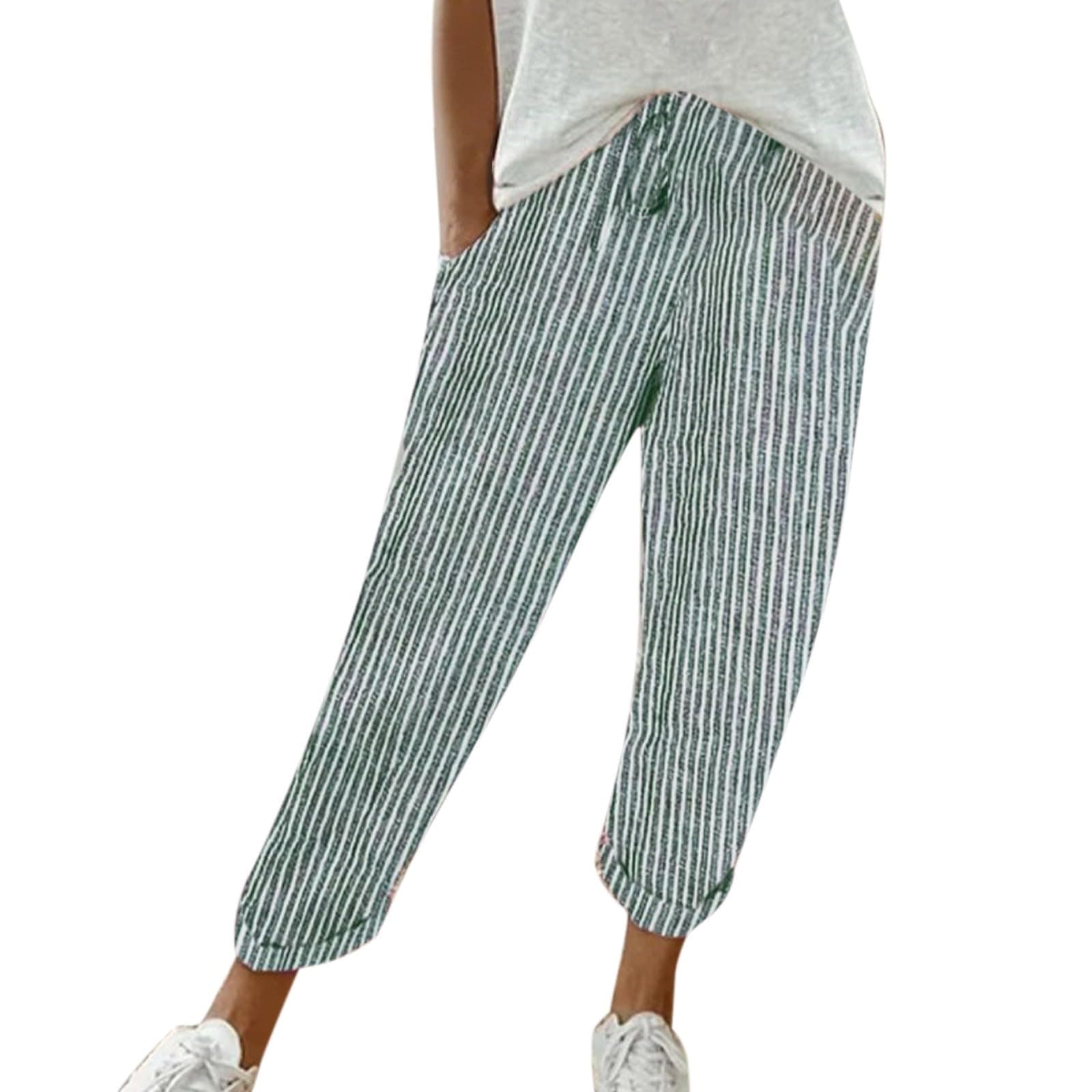Women's Striped Linen Capri Pants with Elastic Waist and Pockets