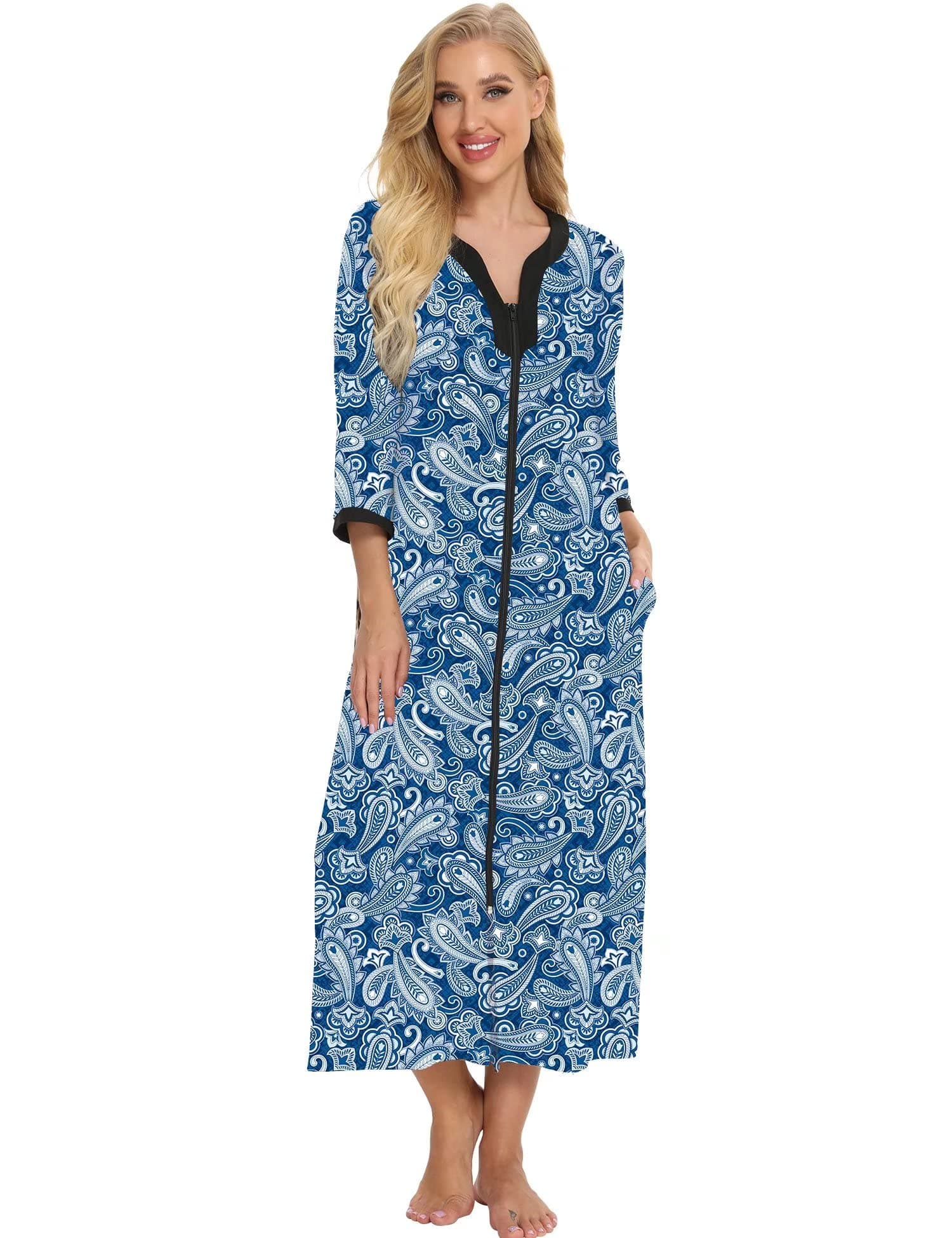 Women's Zip-Up House Dresses: Comfy Print Robe for Nightwear